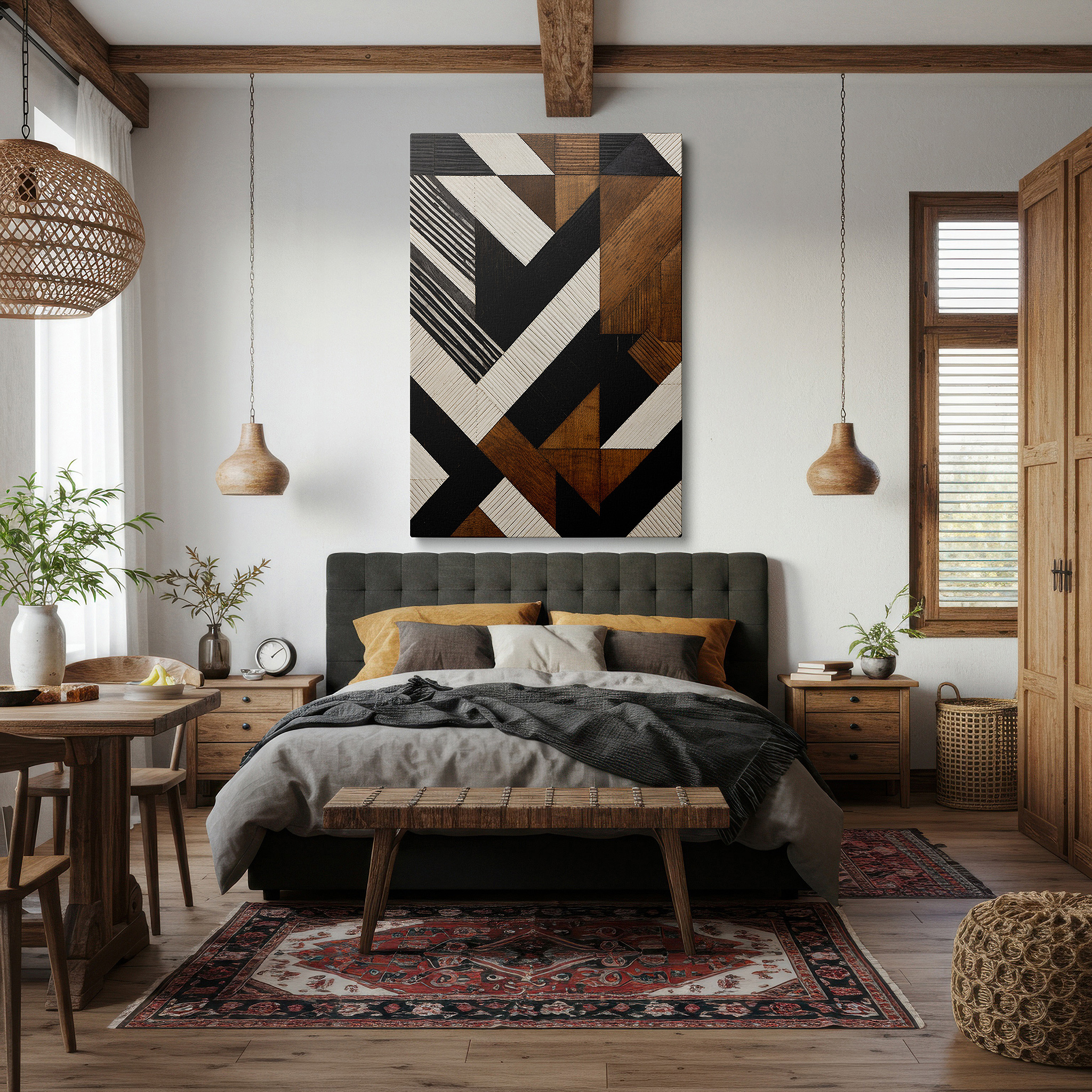 Gently illuminated by ambient lighting in an entryway — abstract geometric shapes in black, white, and brown featuring bold contrasts and textural depth, large canvas wall art decor