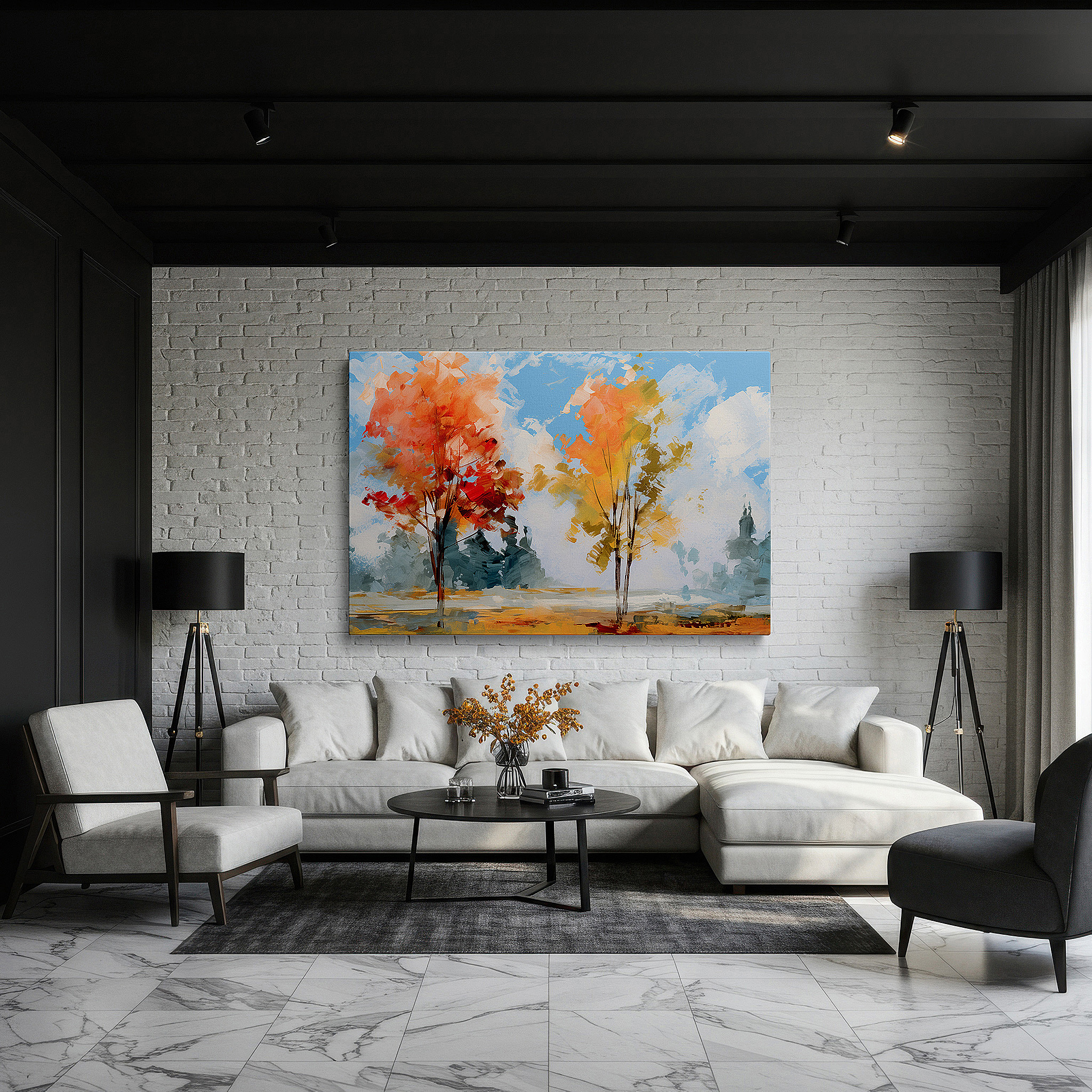 Gently illuminated by ambient lighting in an entryway — autumn's dance beneath a brilliant sky - vibrant reds and oranges clash with bold blues large wall art, canvas wall art, wall decor, office wall art