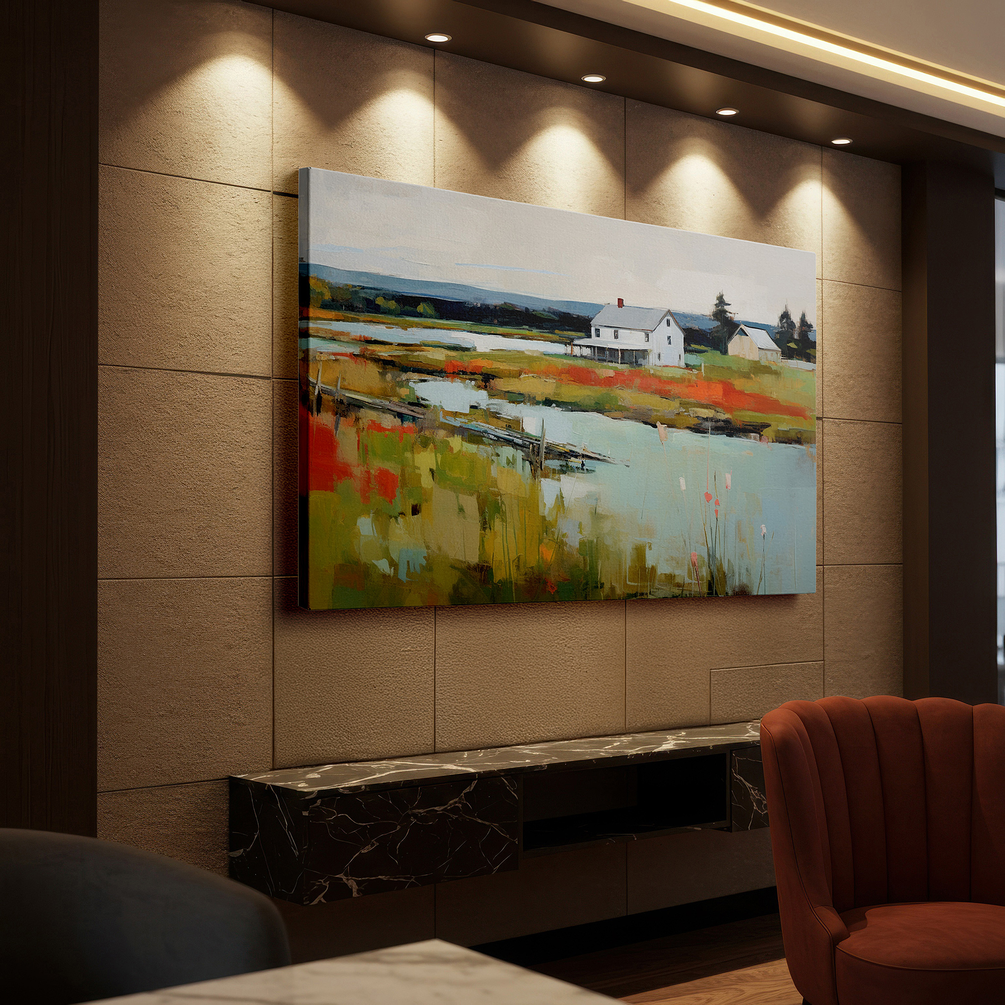 Gently illuminated by ambient lighting in an entryway — autumn's tranquil reflections: timeless rural escape - large canvas wall art for office and bedroom decor