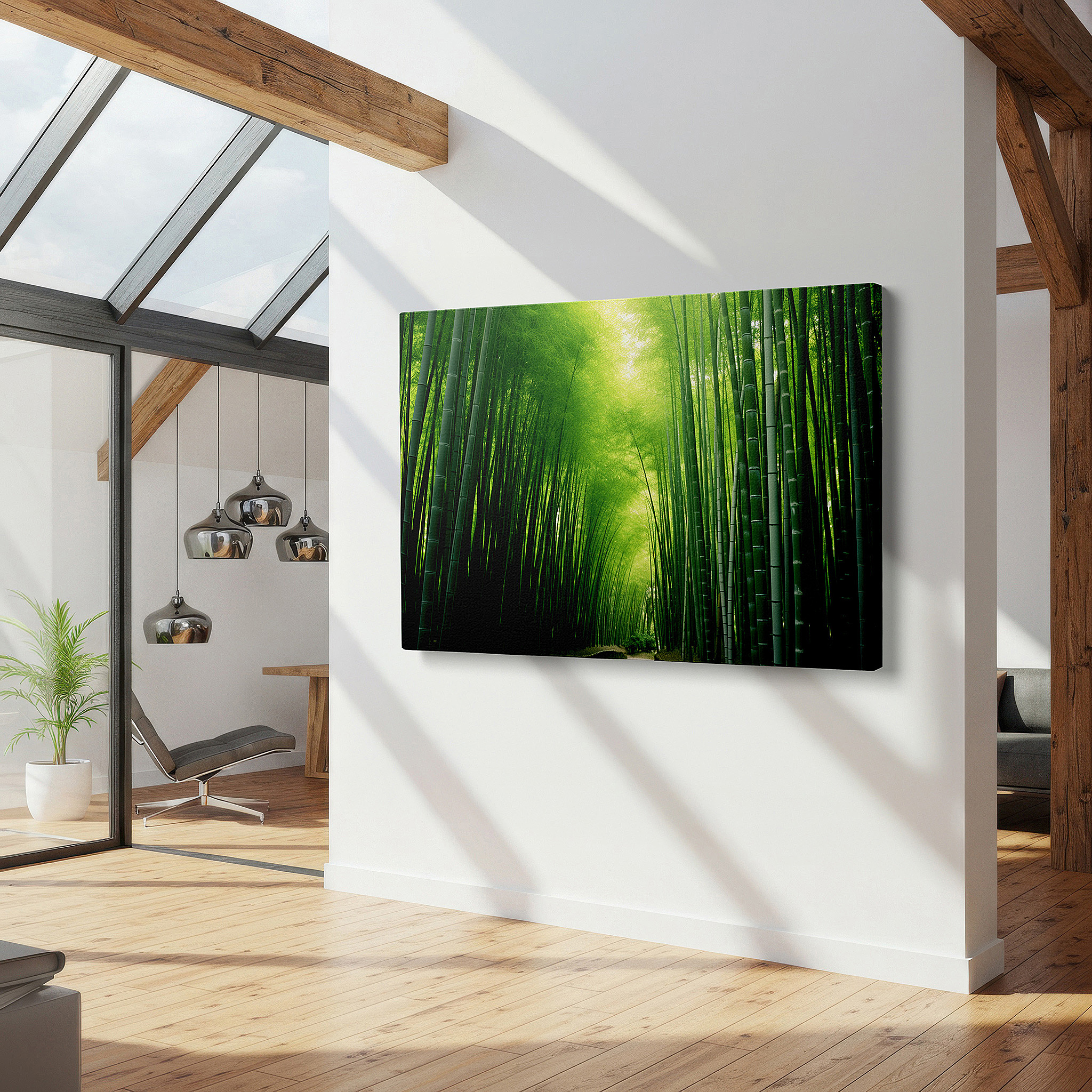 Gently illuminated by ambient lighting in an entryway — bamboo grove wall art: tranquil pathway design for serene reflections - large canvas art for home and office decor, ideal for living room and bedroom