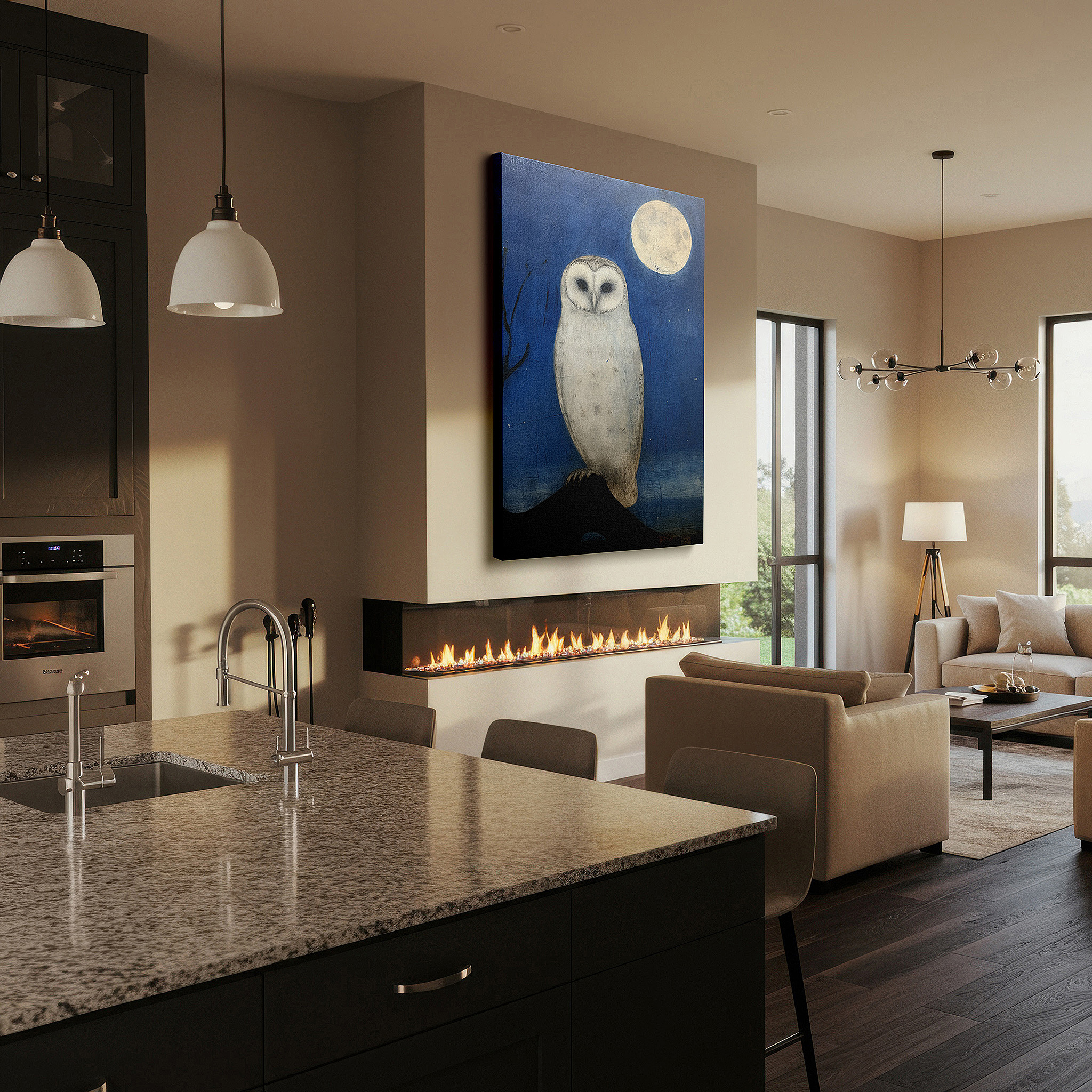 Gently illuminated by ambient lighting in an entryway — barn owl under a bright moon large canvas wall art, symbolizing peace and solitude, ideal for office decor