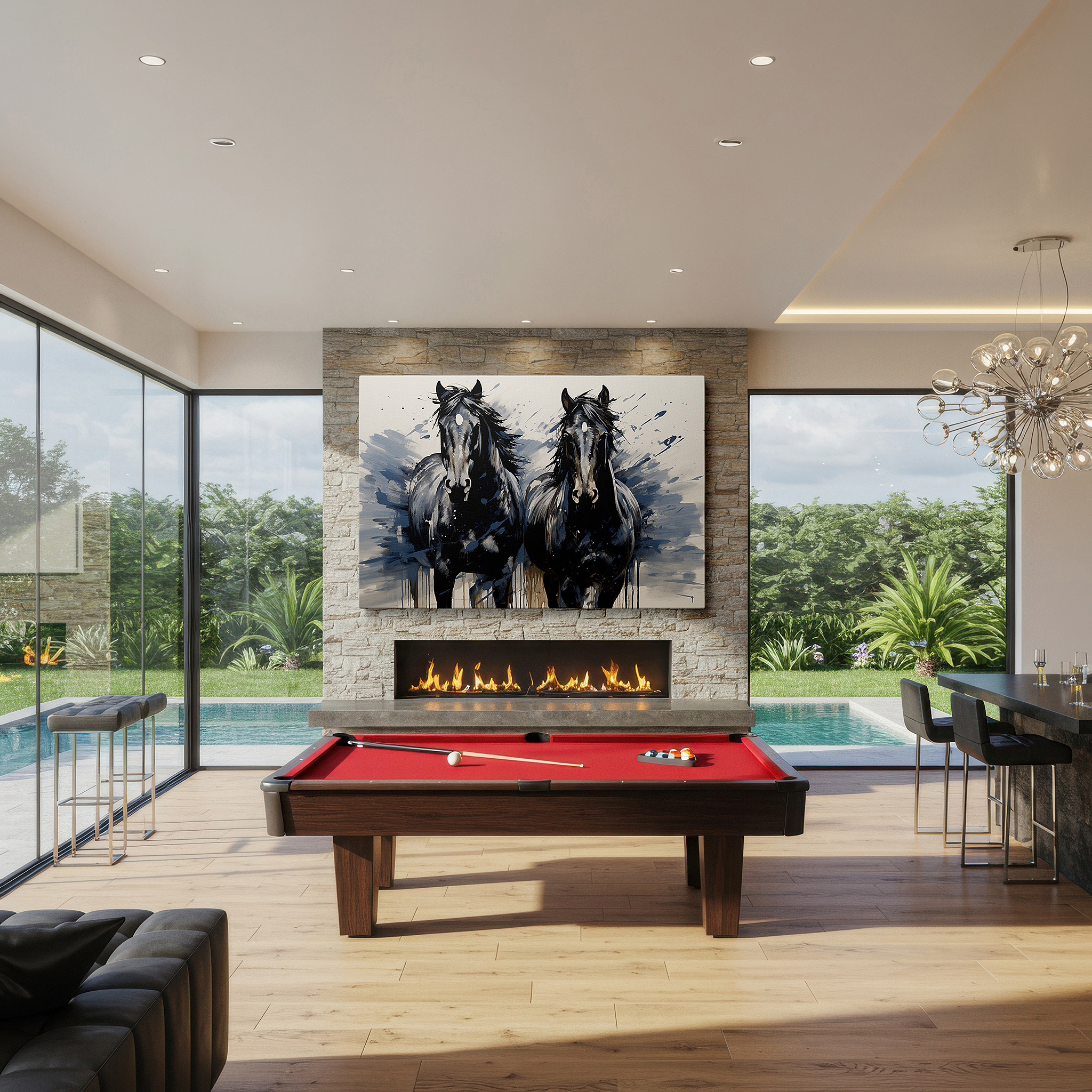 Gently illuminated by ambient lighting in an entryway — black horses in motion: celebrating power and grace - large canvas wall art for office and bedroom decor