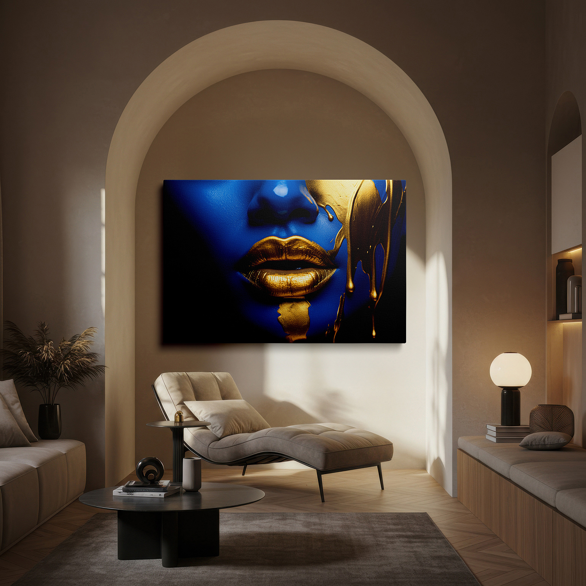 Gently illuminated by ambient lighting in an entryway — blue depths and golden flows: exploring identity and introspection - large wall art, canvas wall art, wall decor for office and bedroom