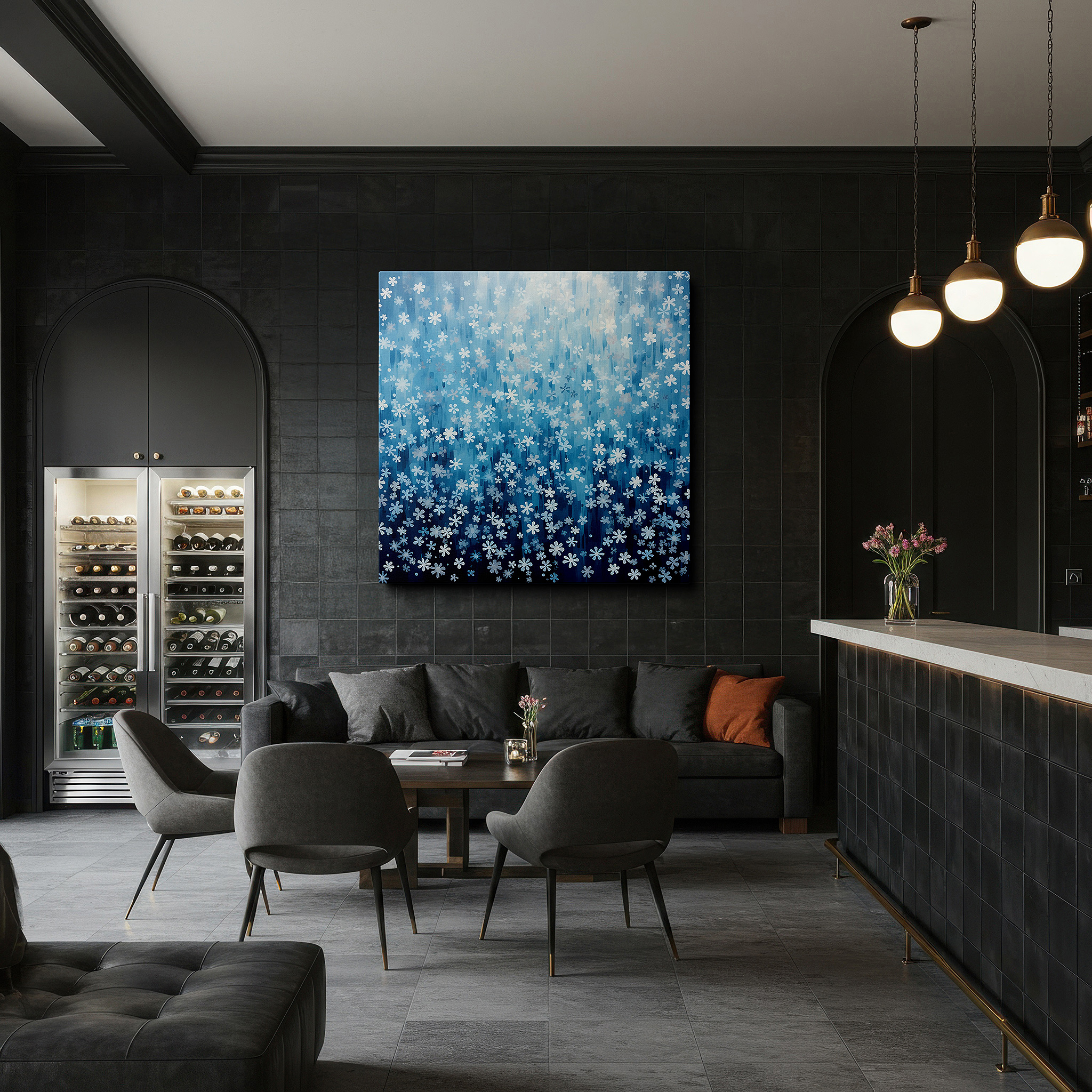 Gently illuminated by ambient lighting in an entryway — blue ethereal flowers on textured canvas, serene nature harmony large wall art, canvas wall decor for office