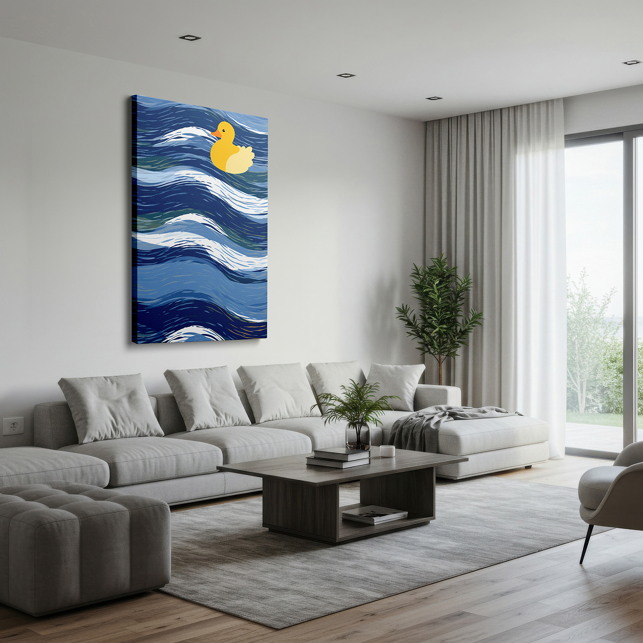 Gently illuminated by ambient lighting in an entryway — bright yellow duck sailing on calm blue waters, representing happiness and optimism, large wall art, canvas wall art, wall decor, office wall art