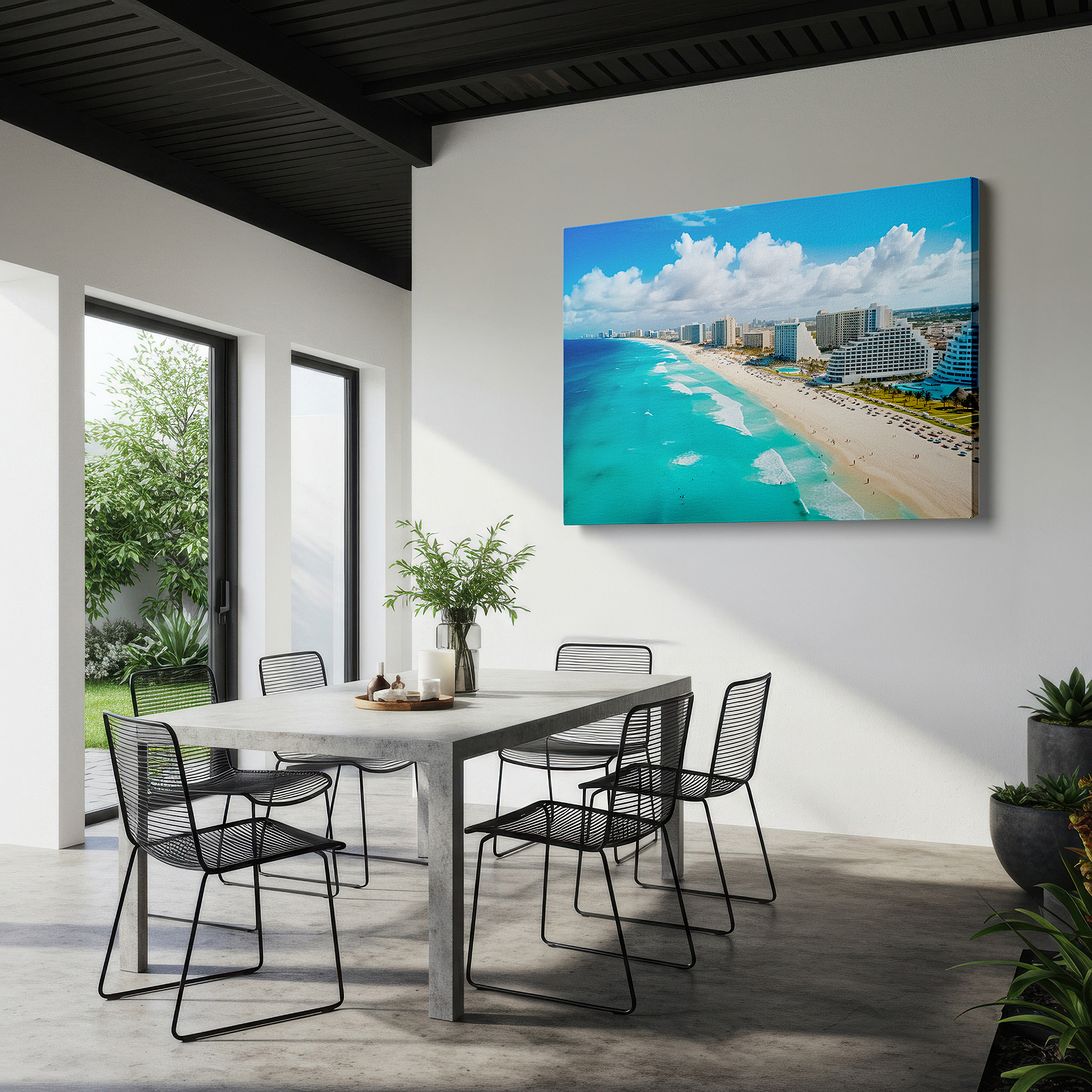 Gently illuminated by ambient lighting in an entryway — cancun's aerial splendor: beach paradise with lush resorts and turquoise waters - large canvas wall art for office decor