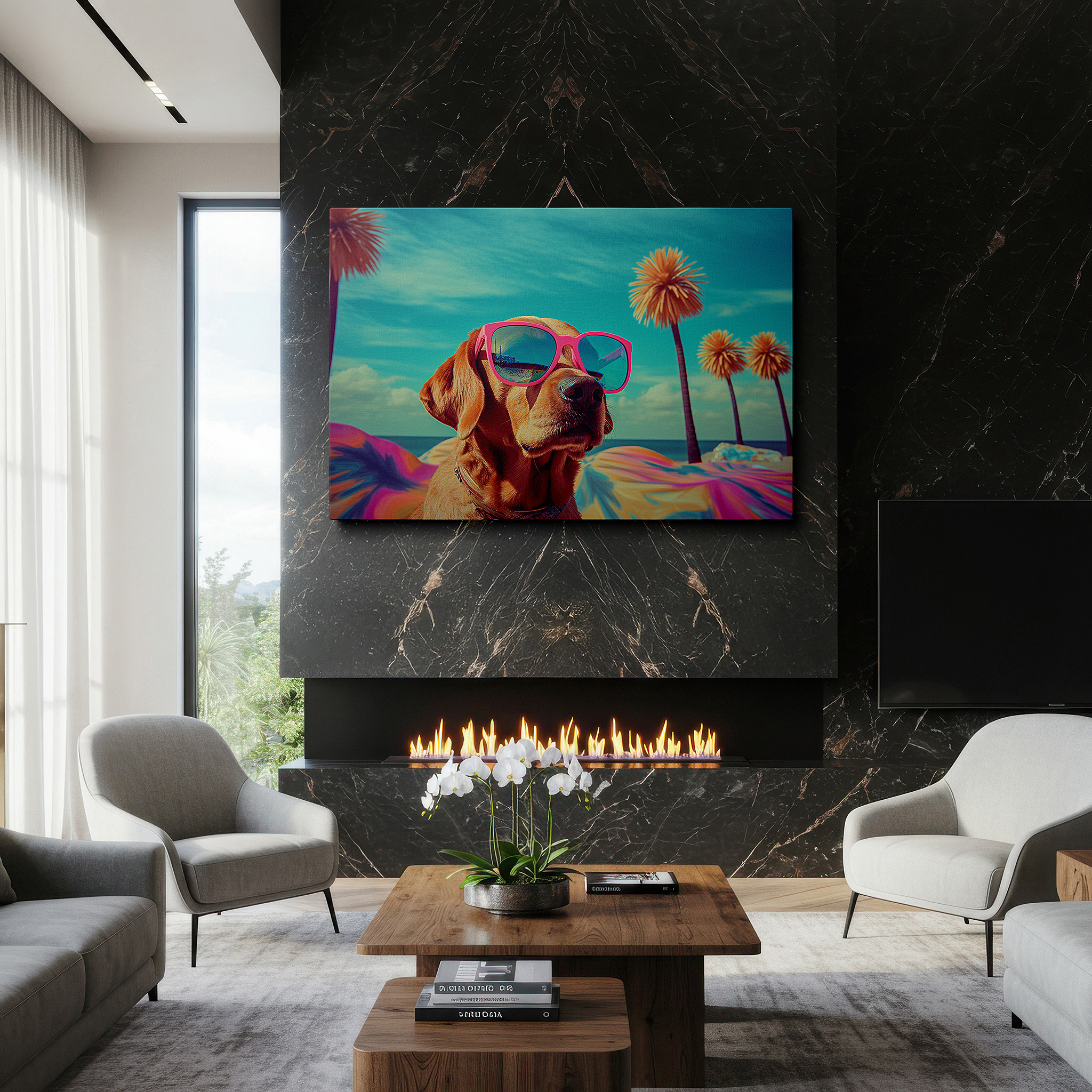 Gently illuminated by ambient lighting in an entryway — chic dog in pink sunglasses beach-themed large wall art, canvas decor for office, bedroom, and living room