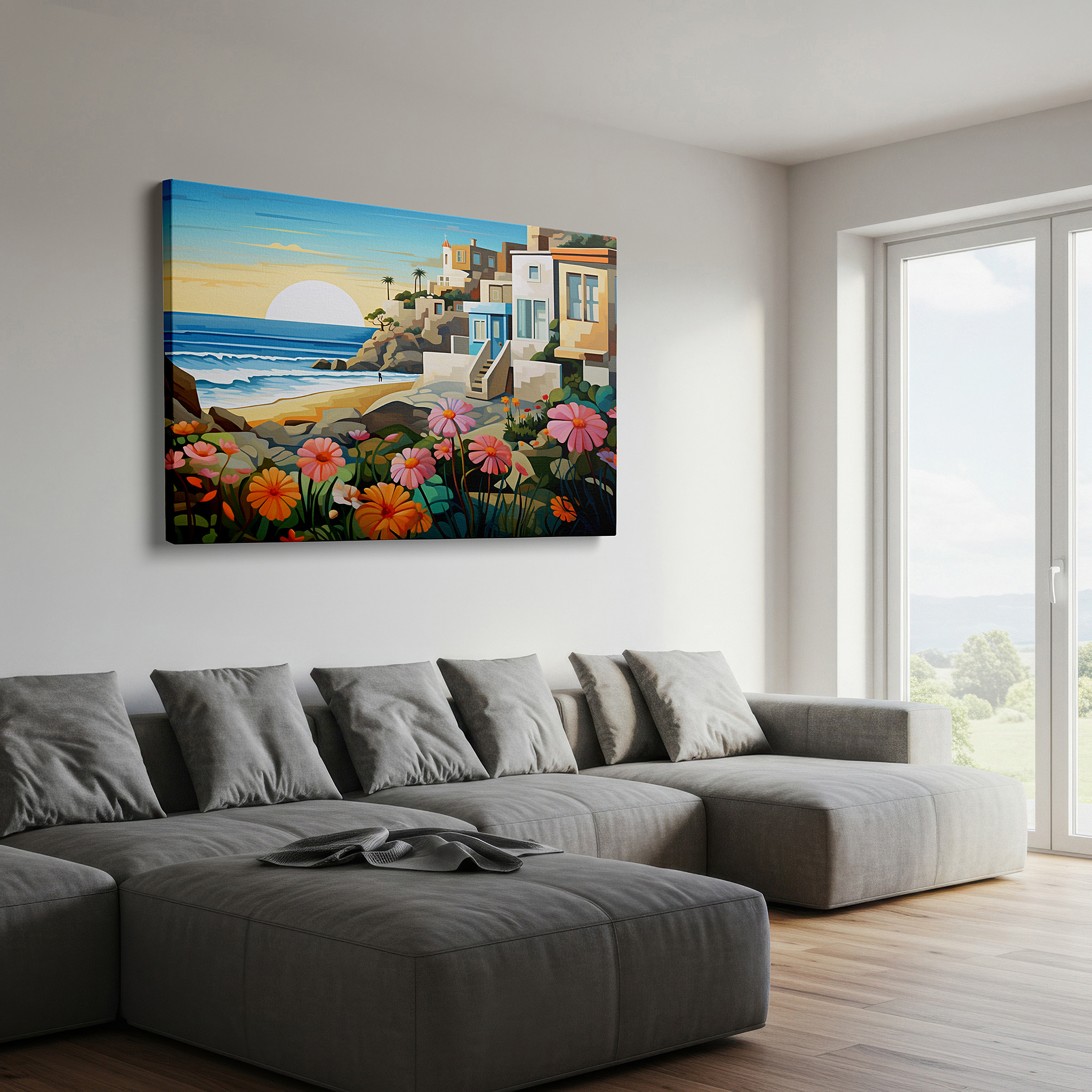 Gently illuminated by ambient lighting in an entryway — coastal calmness featuring bright flowers and peaceful waves: large canvas wall art for office, bedroom, and living room decor