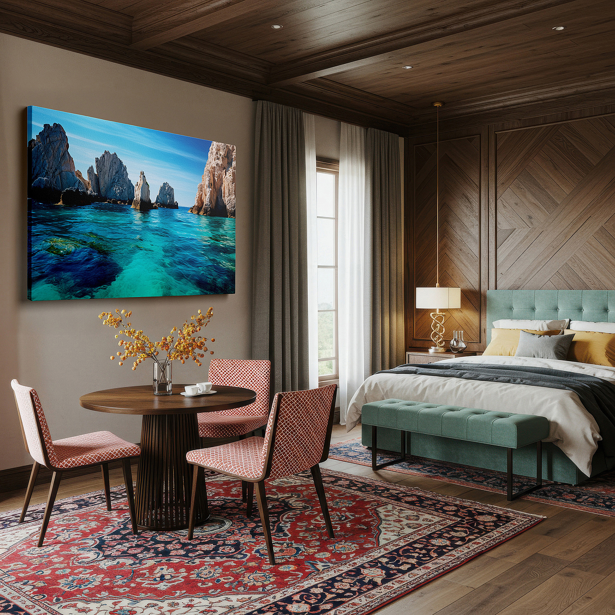Gently illuminated by ambient lighting in an entryway — coastal clarity - turquoise waters and rocky shores beneath an expansive blue sky large wall art, canvas wall art, wall decor for office and bedroom