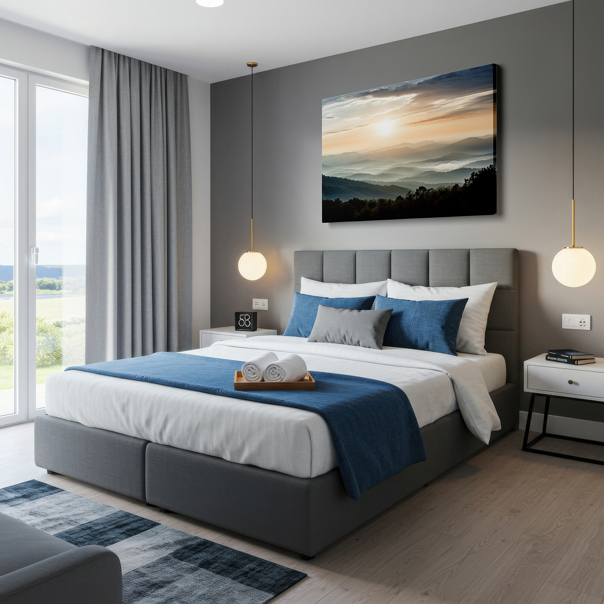Gently illuminated by ambient lighting in an entryway — dawn's gentle embrace: serene landscape with misty valleys and rolling hills - large canvas wall art for office and bedroom decor