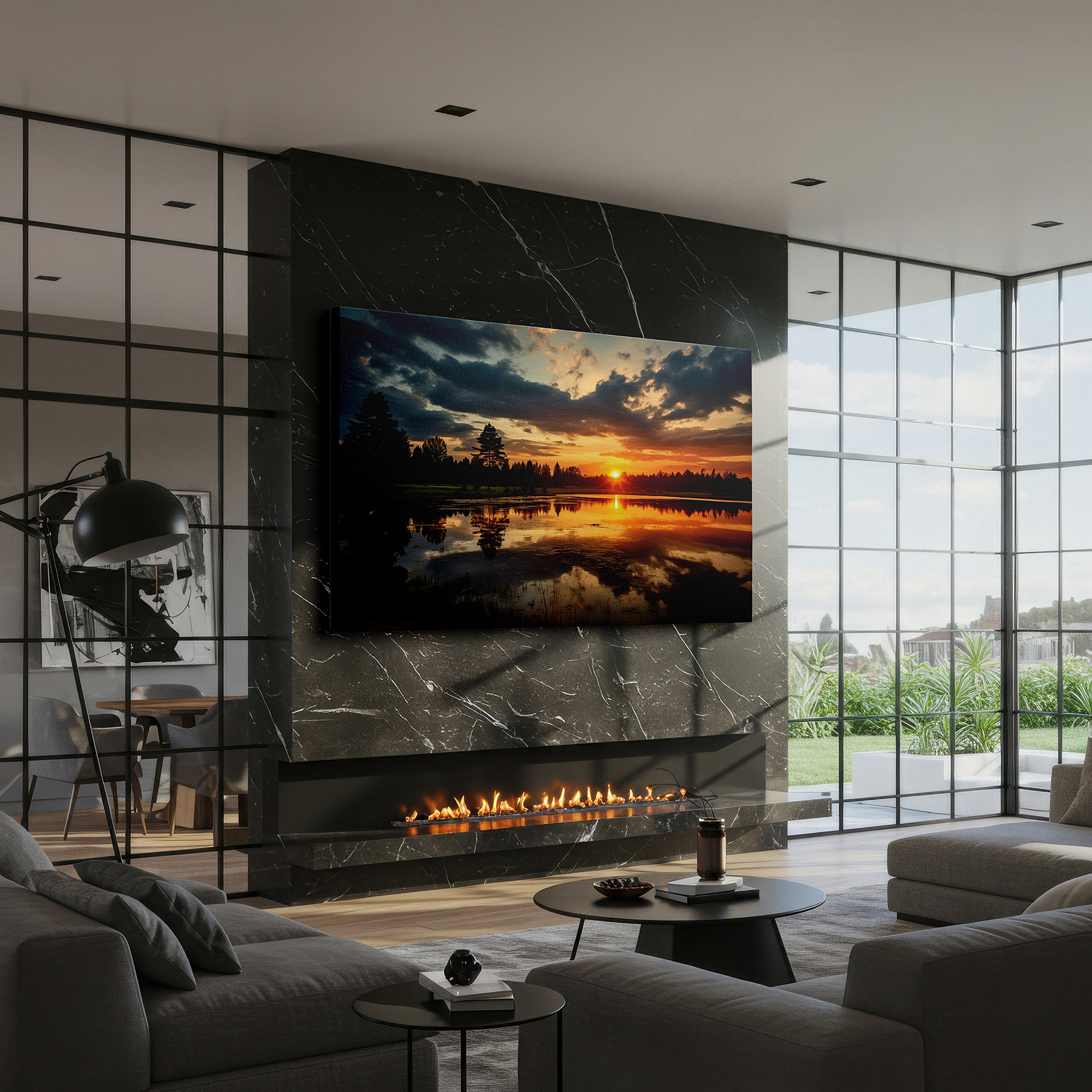 Gently illuminated by ambient lighting in an entryway — dramatic sunset over reflective pond surrounded by lush trees large wall art, canvas wall art, wall decor for office, bedroom, and living room