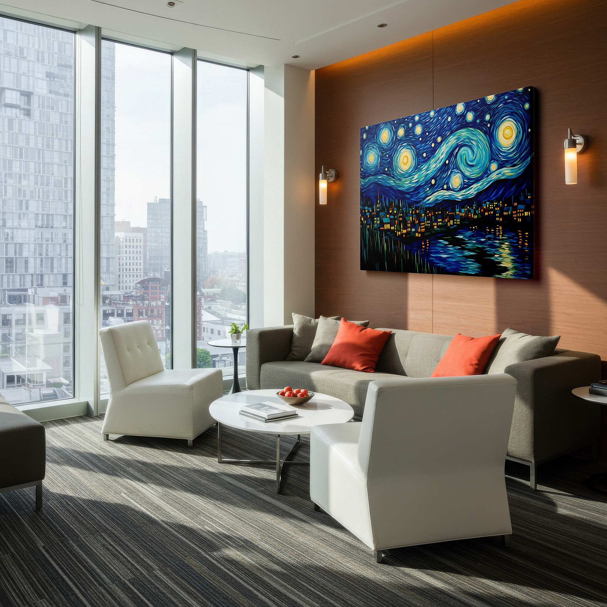 Gently illuminated by ambient lighting in an entryway — dreamy starlit glow over tranquil town, night sky reflection large canvas wall art, decor for office, bedroom, and living room