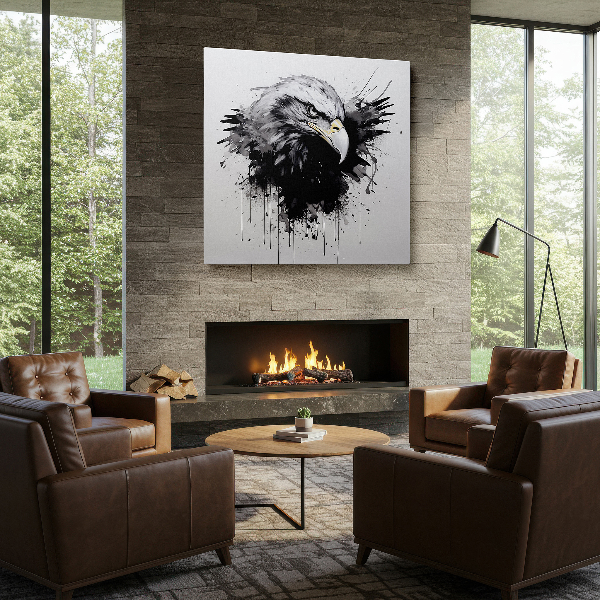 Gently illuminated by ambient lighting in an entryway — dynamic black and gray eagle in flight wall art, large canvas for office decor, embodying strength and freedom