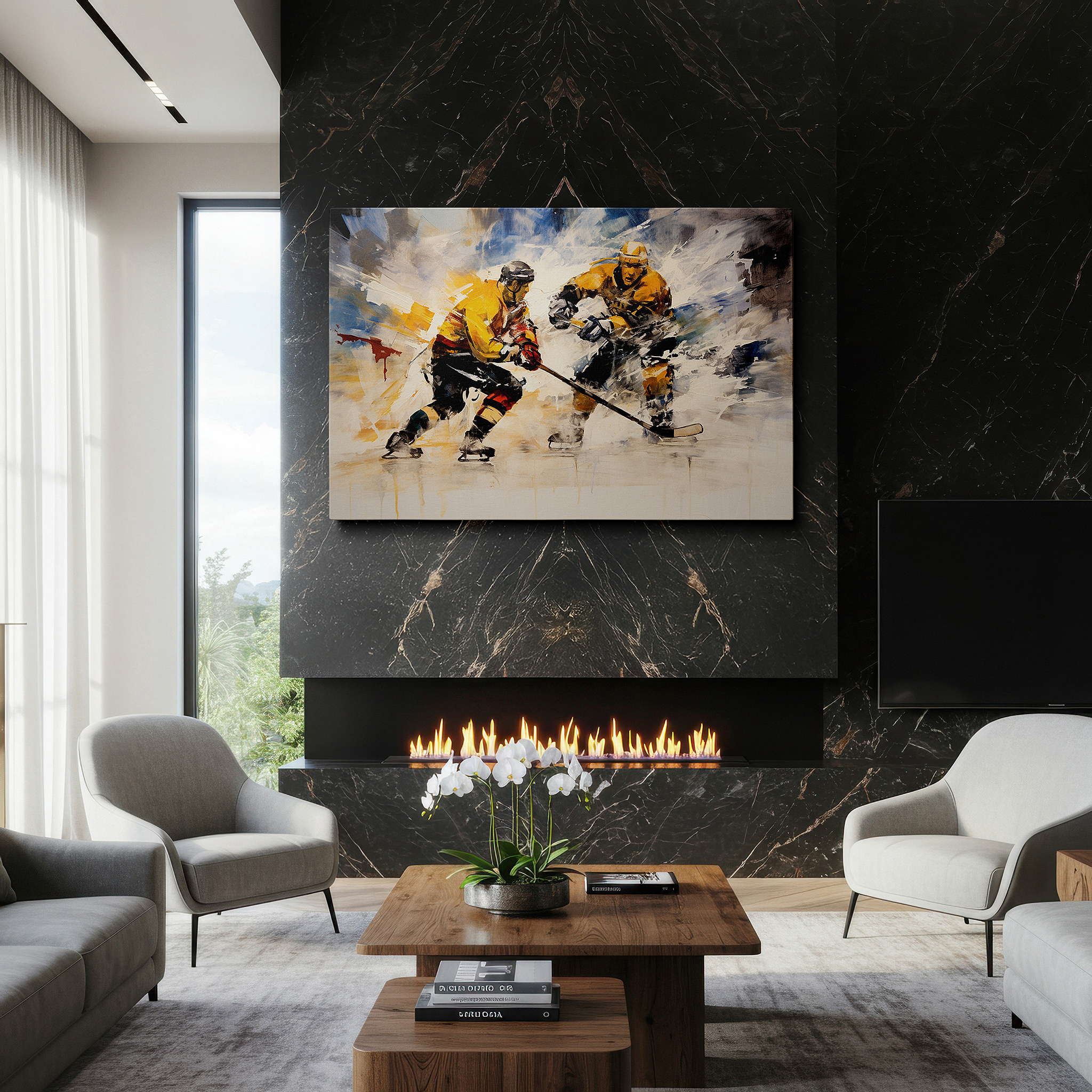 Gently illuminated by ambient lighting in an entryway — dynamic ice hockey showdown - large wall art featuring speed and strategy, canvas wall art, wall decor for office and bedroom