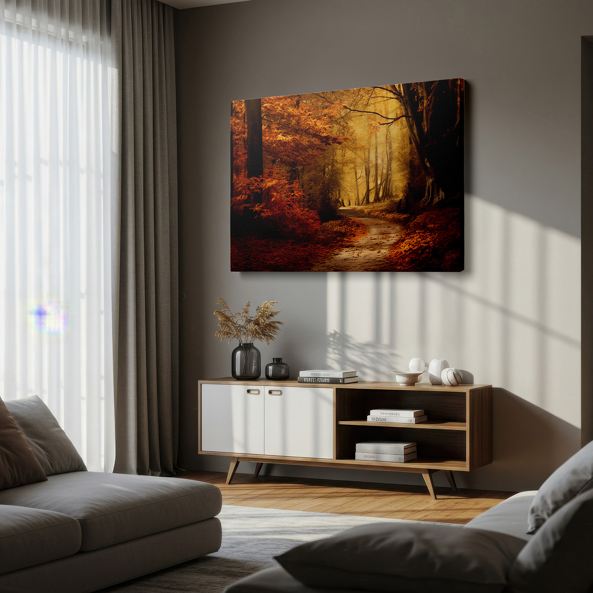 Gently illuminated by ambient lighting in an entryway — enchanted autumn pathway: a journey through the golden forest - large canvas wall art for office and bedroom decor