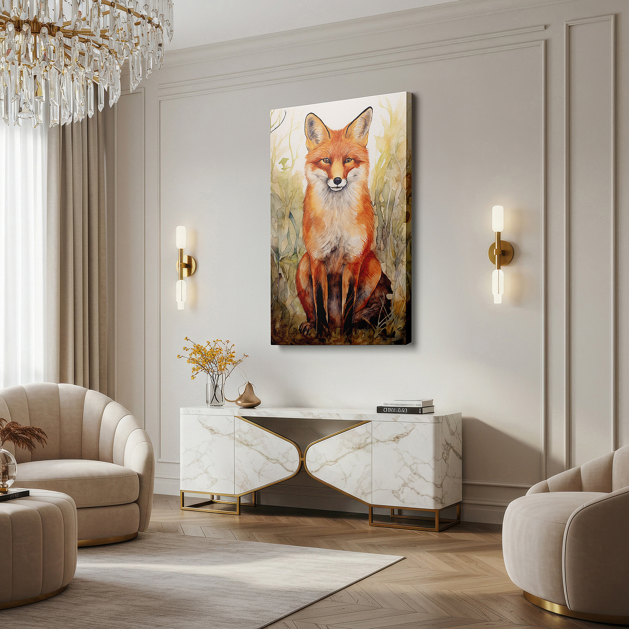 Gently illuminated by ambient lighting in an entryway — enchanting fox in tranquil vigilance: a masterful watercolor depiction of the wild spirit, large wall art, canvas wall art