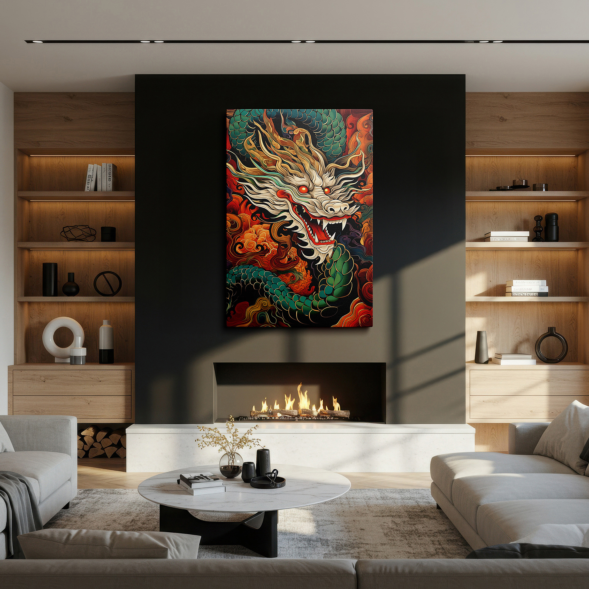 Gently illuminated by ambient lighting in an entryway — fiery dragon in majestic whirlwind: eastern mythology and power-themed large canvas wall art for office decor