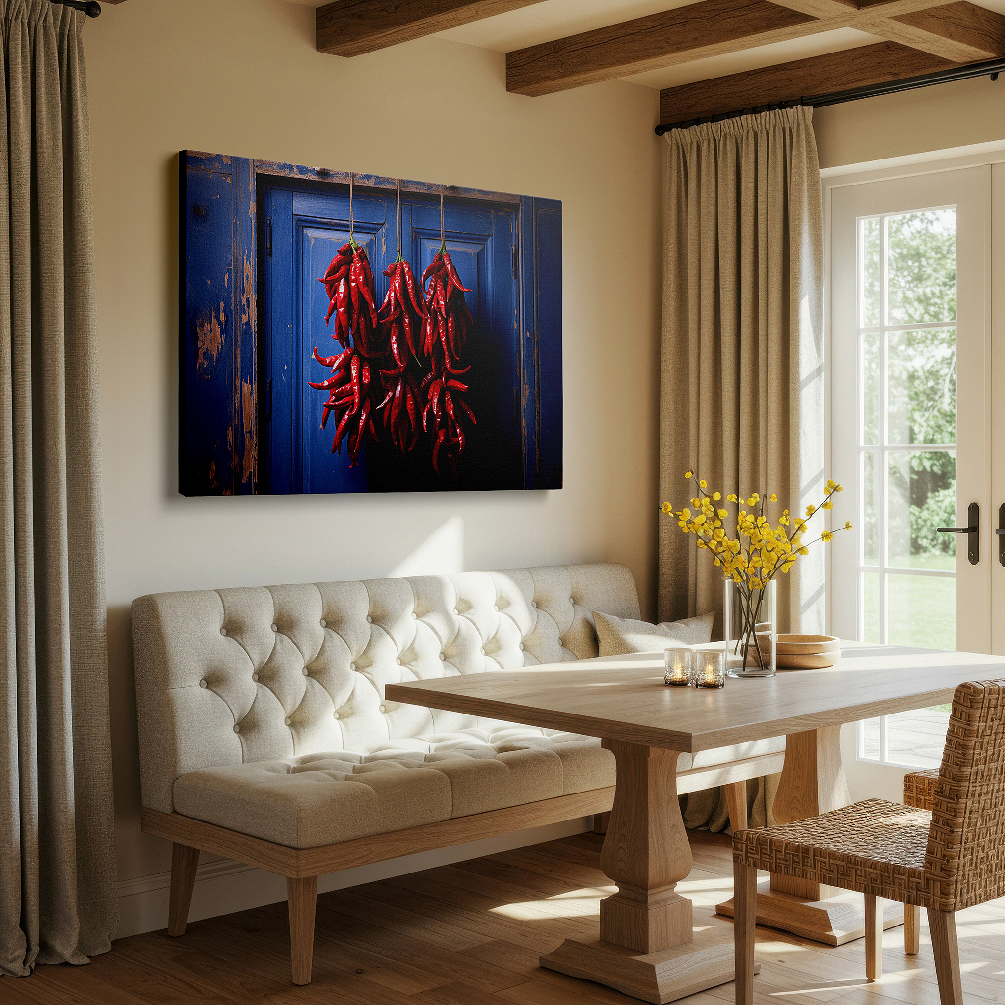 Gently illuminated by ambient lighting in an entryway — fiery red chilies against a weathered blue door - bold culinary-themed large wall art, canvas decor for office and bedroom