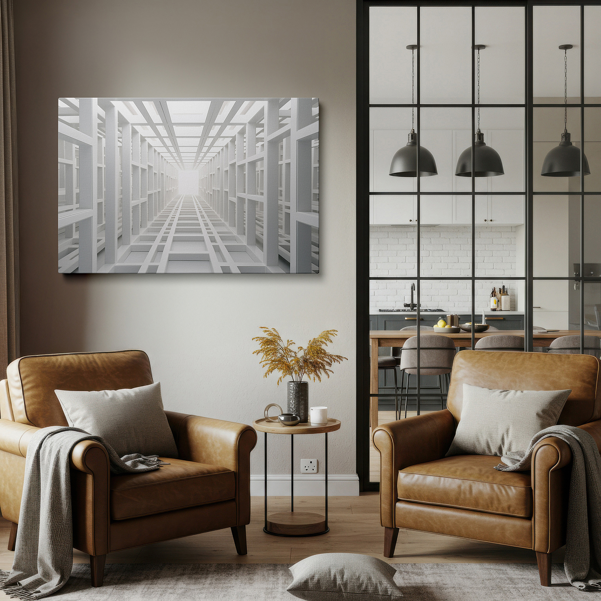 Gently illuminated by ambient lighting in an entryway — futuristic interior featuring clean lines and geometric shapes leading to a bright light - large wall art, canvas wall art, wall decor for office