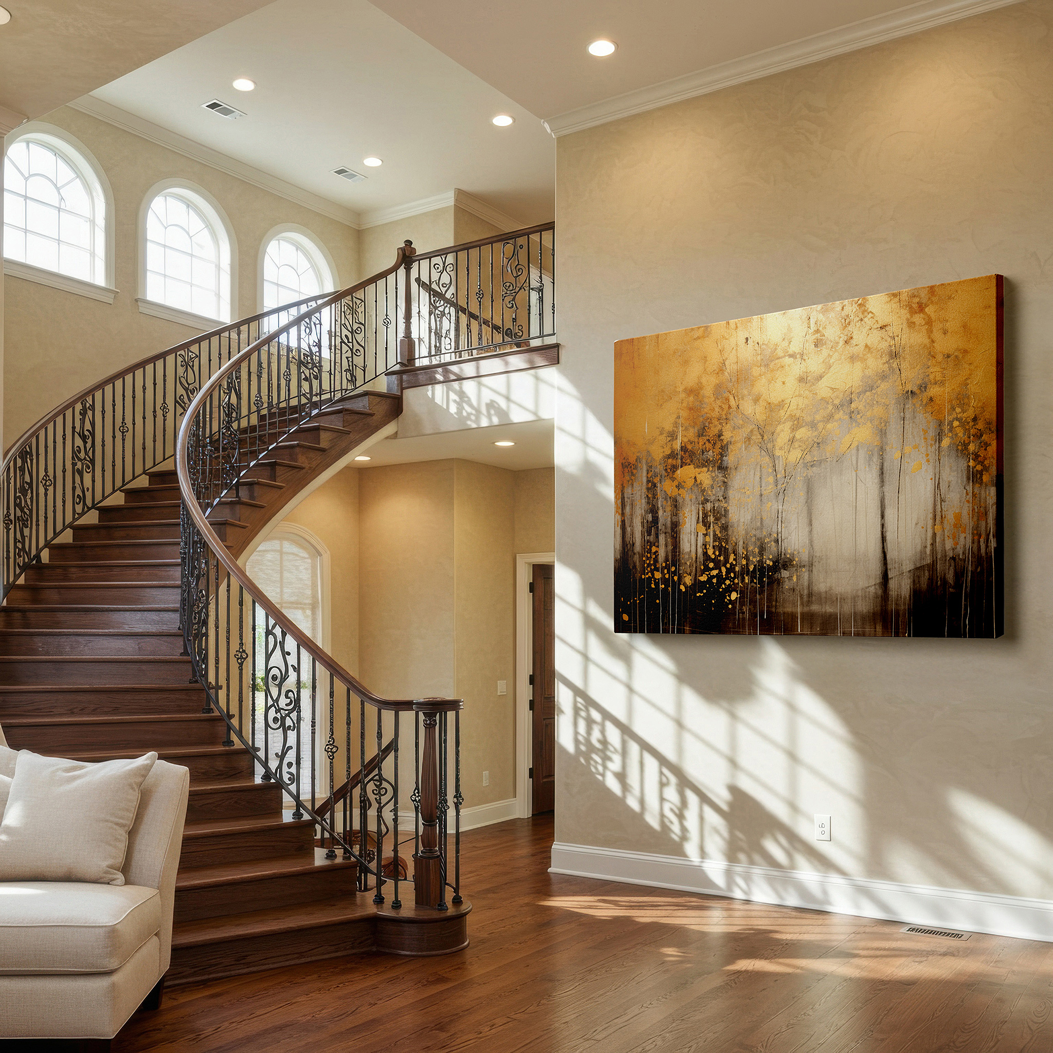 Gently illuminated by ambient lighting in an entryway — gold and black autumn essence: reflective abstract landscape, large canvas wall art for office and bedroom decor