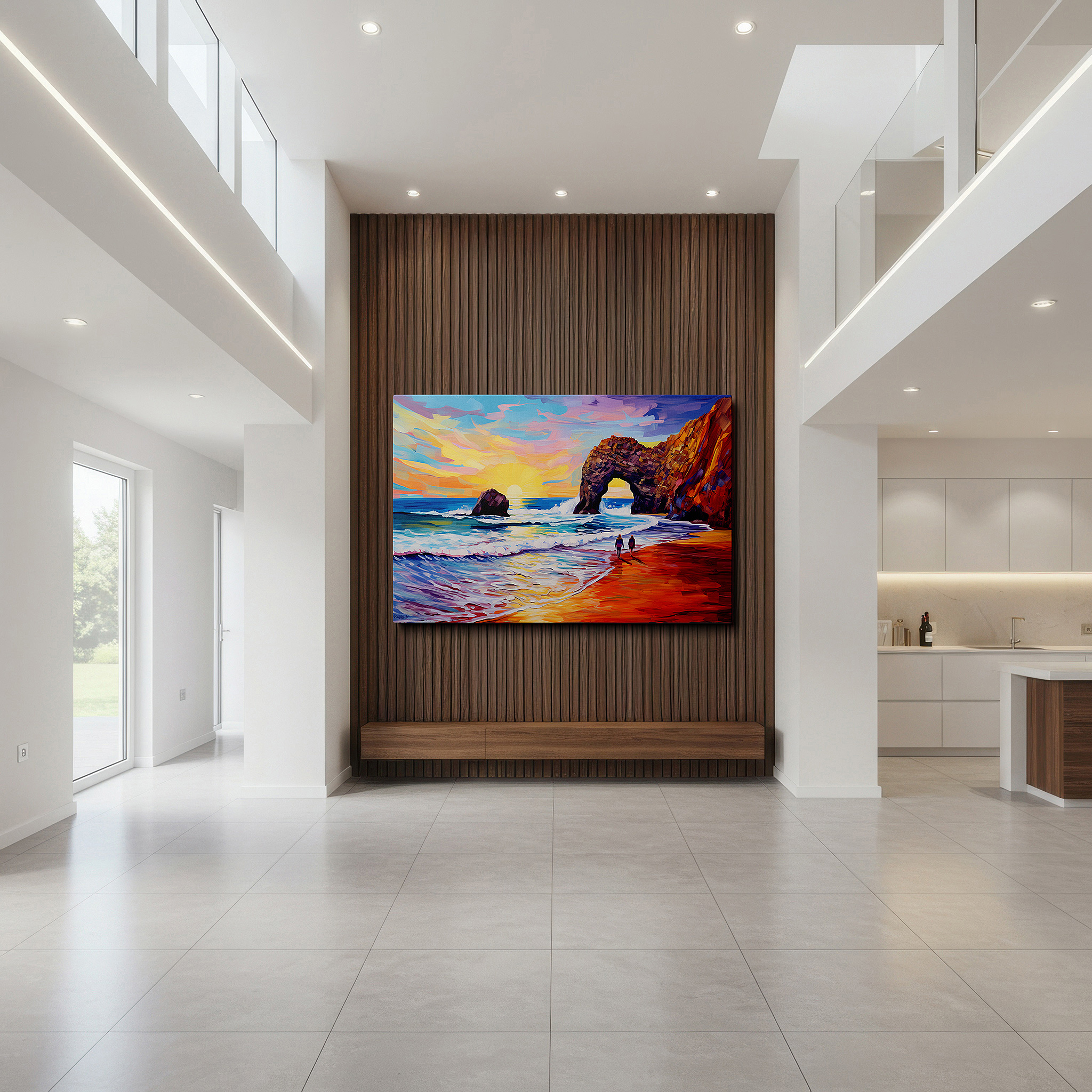 Gently illuminated by ambient lighting in an entryway — golden beach sunset canvas featuring figures walking together - ideal for large wall decor in offices and bedrooms