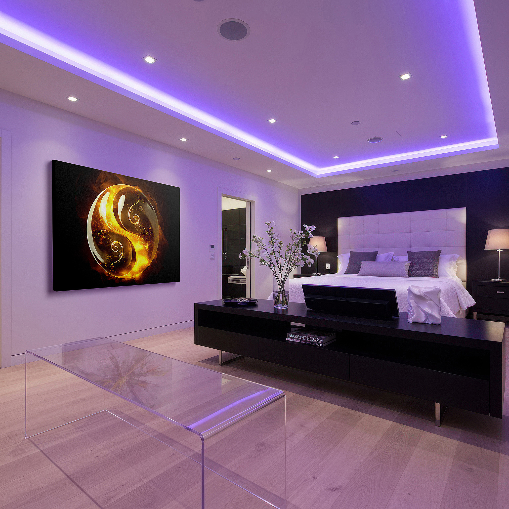 Gently illuminated by ambient lighting in an entryway — golden orb wall art: featuring intricate spirals, this abstract canvas exudes warmth and energy, perfect for home or office decor.