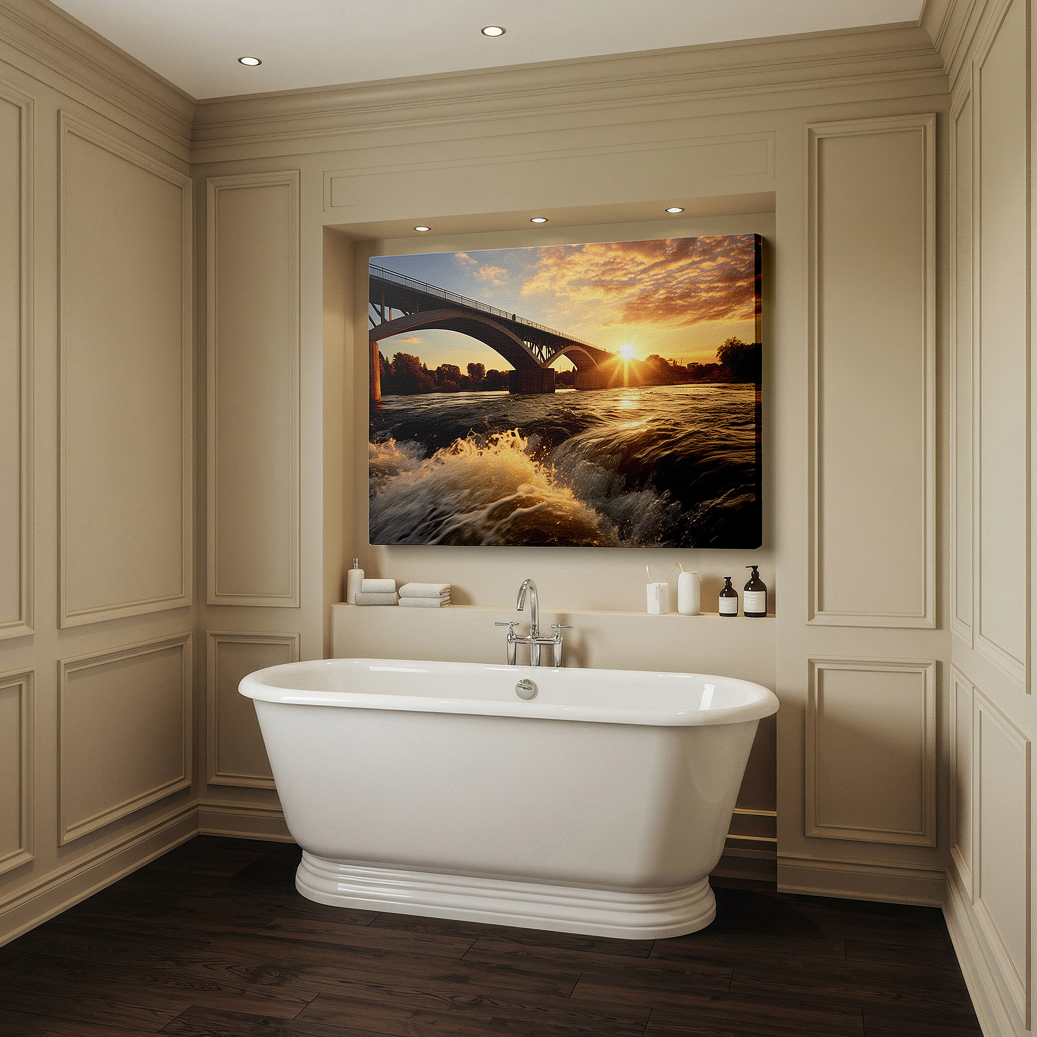 Gently illuminated by ambient lighting in an entryway — golden sunset and silhouetted bridge wall art: large canvas for office, bedroom, and living room decor