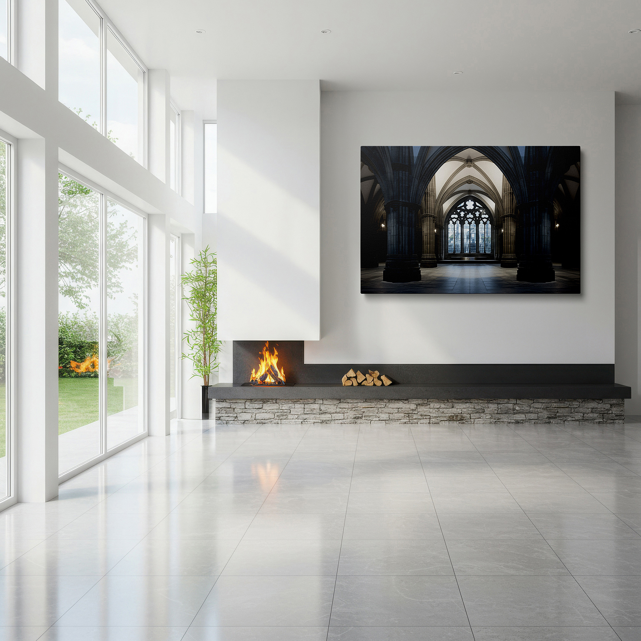 Gently illuminated by ambient lighting in an entryway — gothic elegance in arches and stonework: reflective spaces wall art for office, bedroom, and living areas