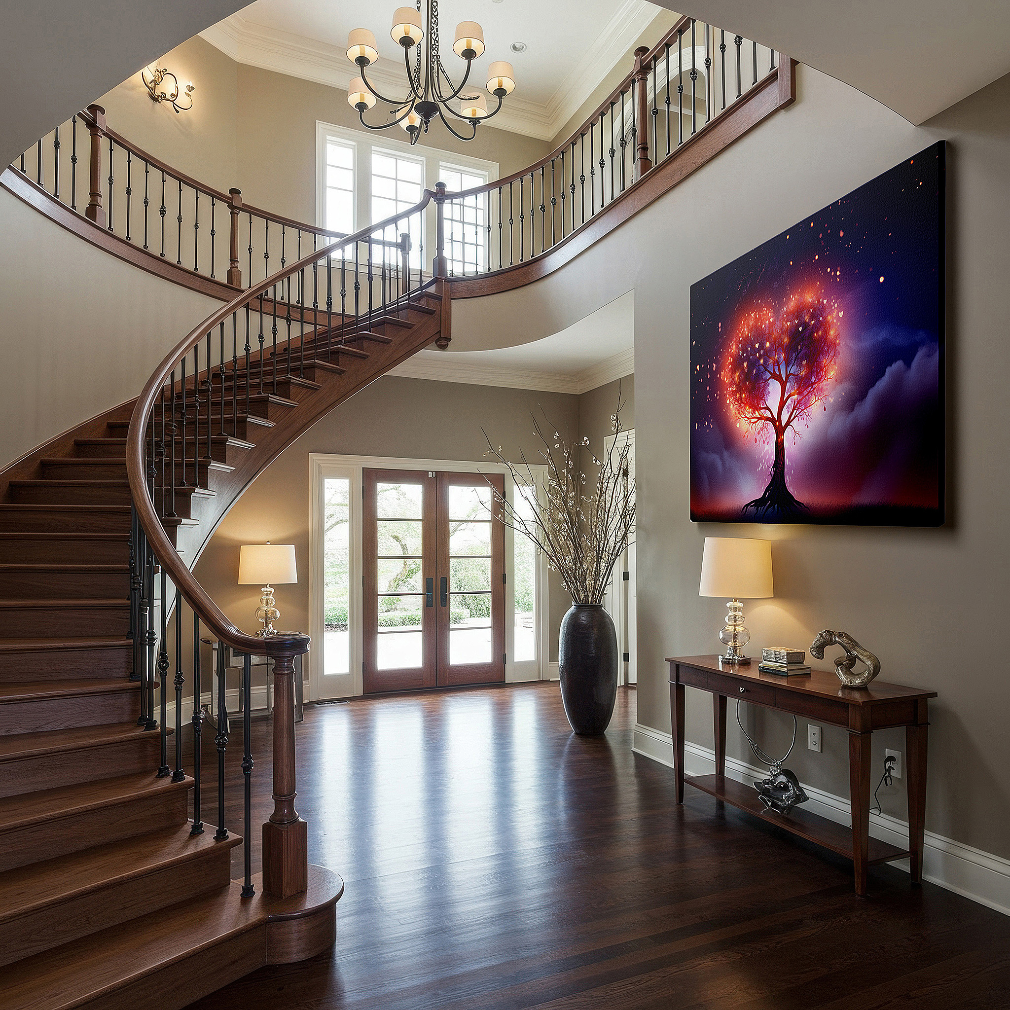 Gently illuminated by ambient lighting in an entryway — heart-shaped tree under twilight sky with twinkling stars large canvas wall art for office and bedroom decor