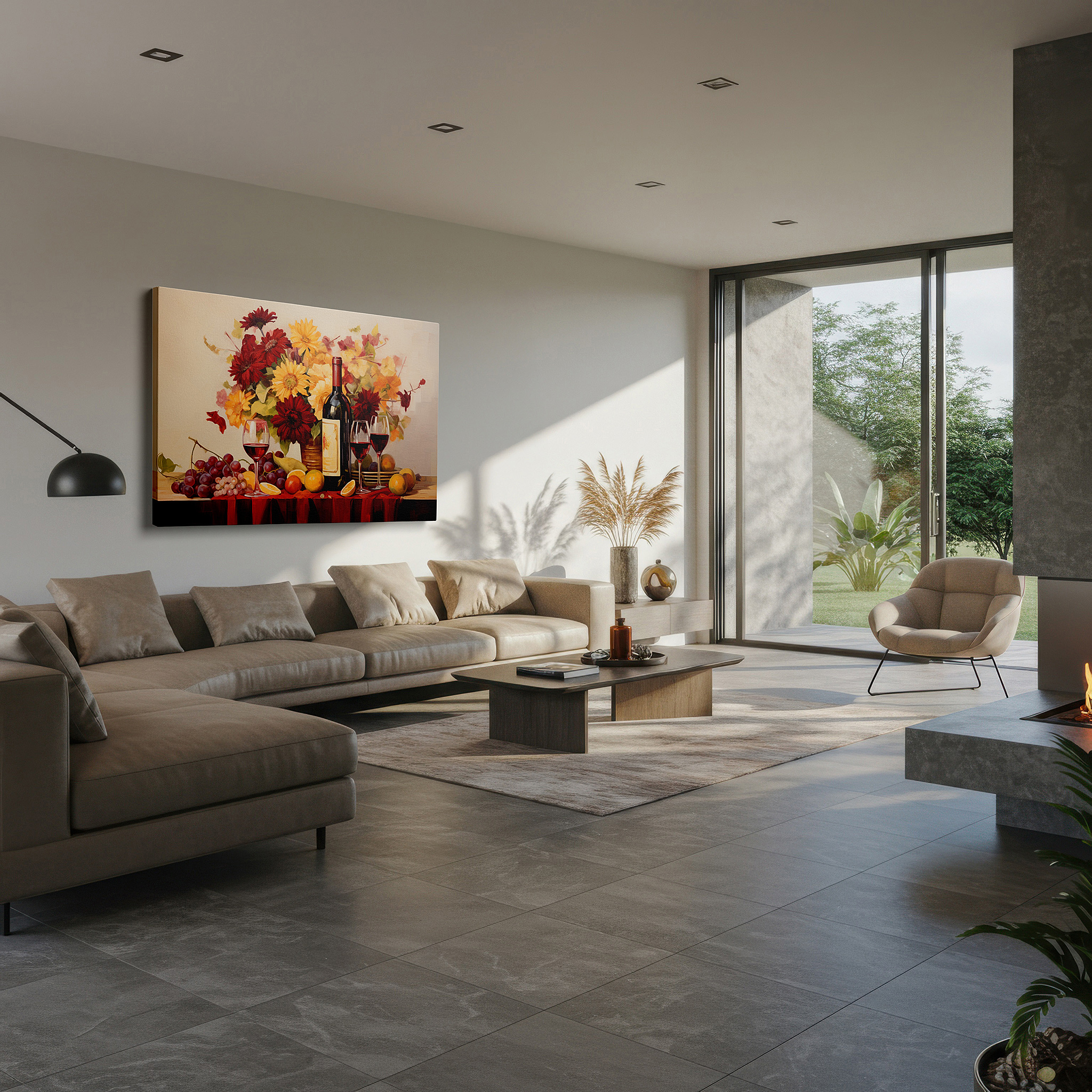 Gently illuminated by ambient lighting in an entryway — joyful celebration of life with wine, fruit, and flowers: large canvas wall art for home and office decor
