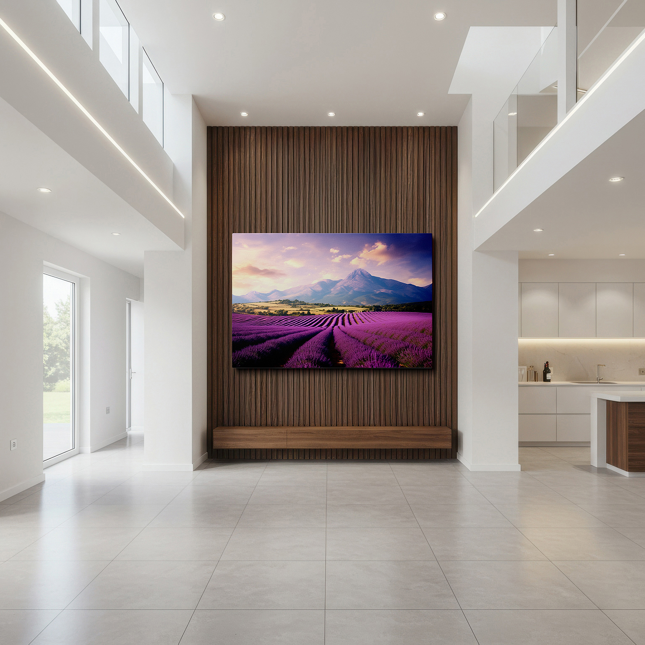 Gently illuminated by ambient lighting in an entryway — lavender fields and majestic mountains under a vibrant sunset sky - large canvas wall art for office and bedroom decor