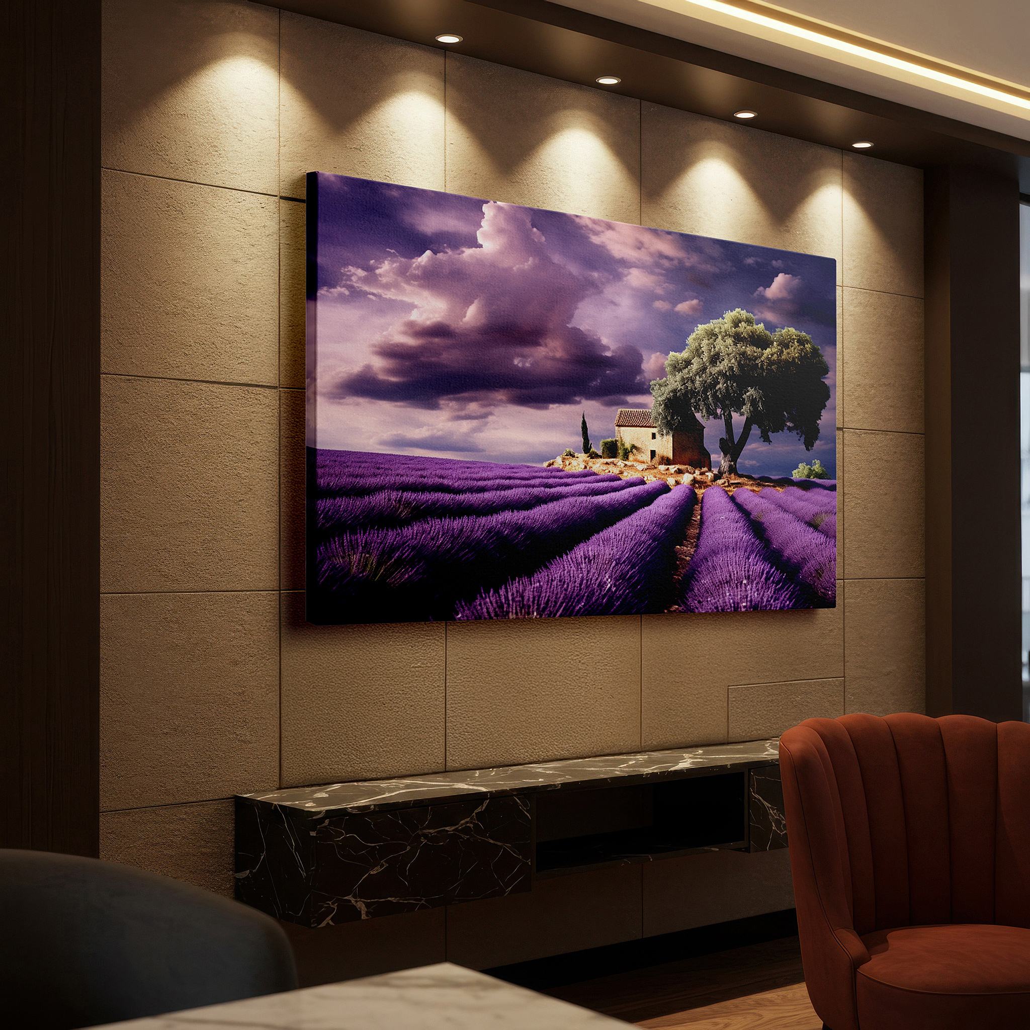 Gently illuminated by ambient lighting in an entryway — lavender fields and rustic charm: a peaceful nature retreat - large wall art, canvas wall art, wall decor for office and bedroom