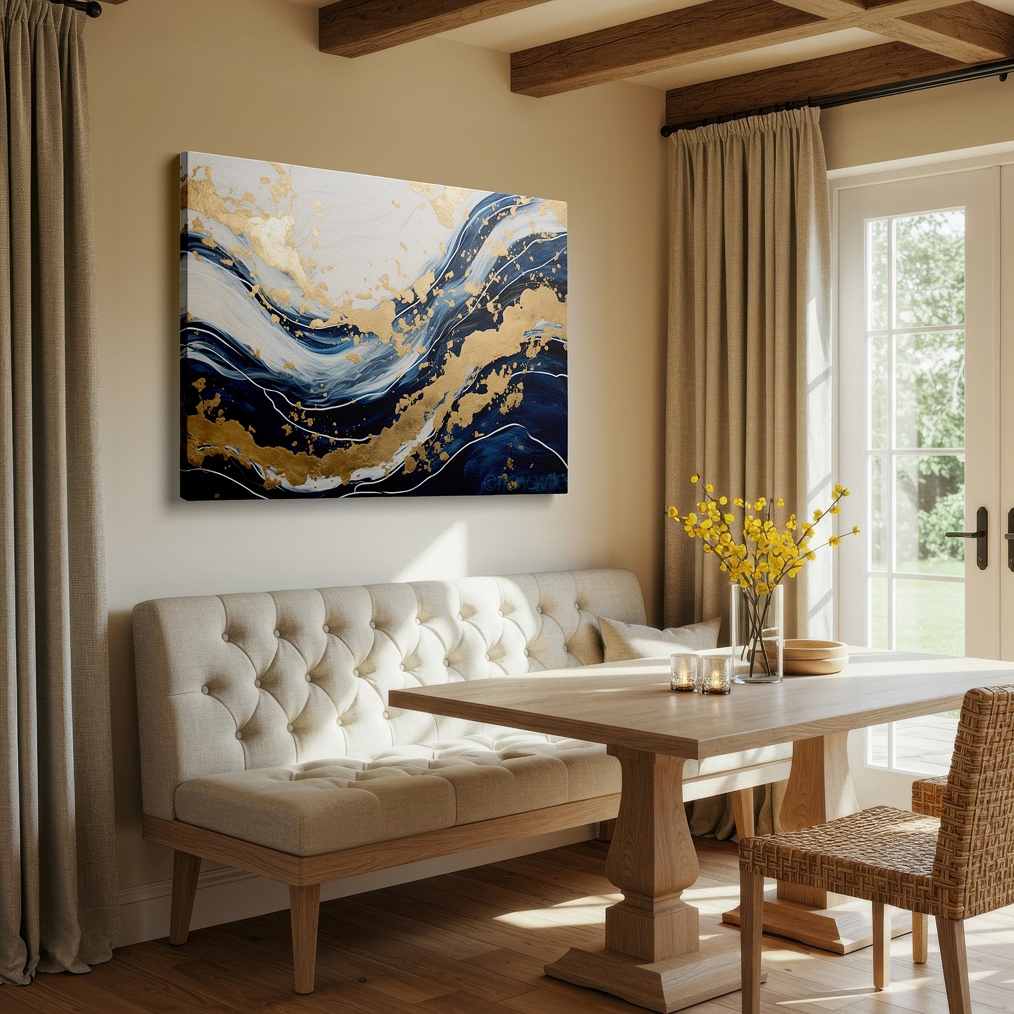 Gently illuminated by ambient lighting in an entryway — luxurious large wall art featuring dynamic ocean waves in blue and white with gold leaf accents, perfect for office or bedroom decor