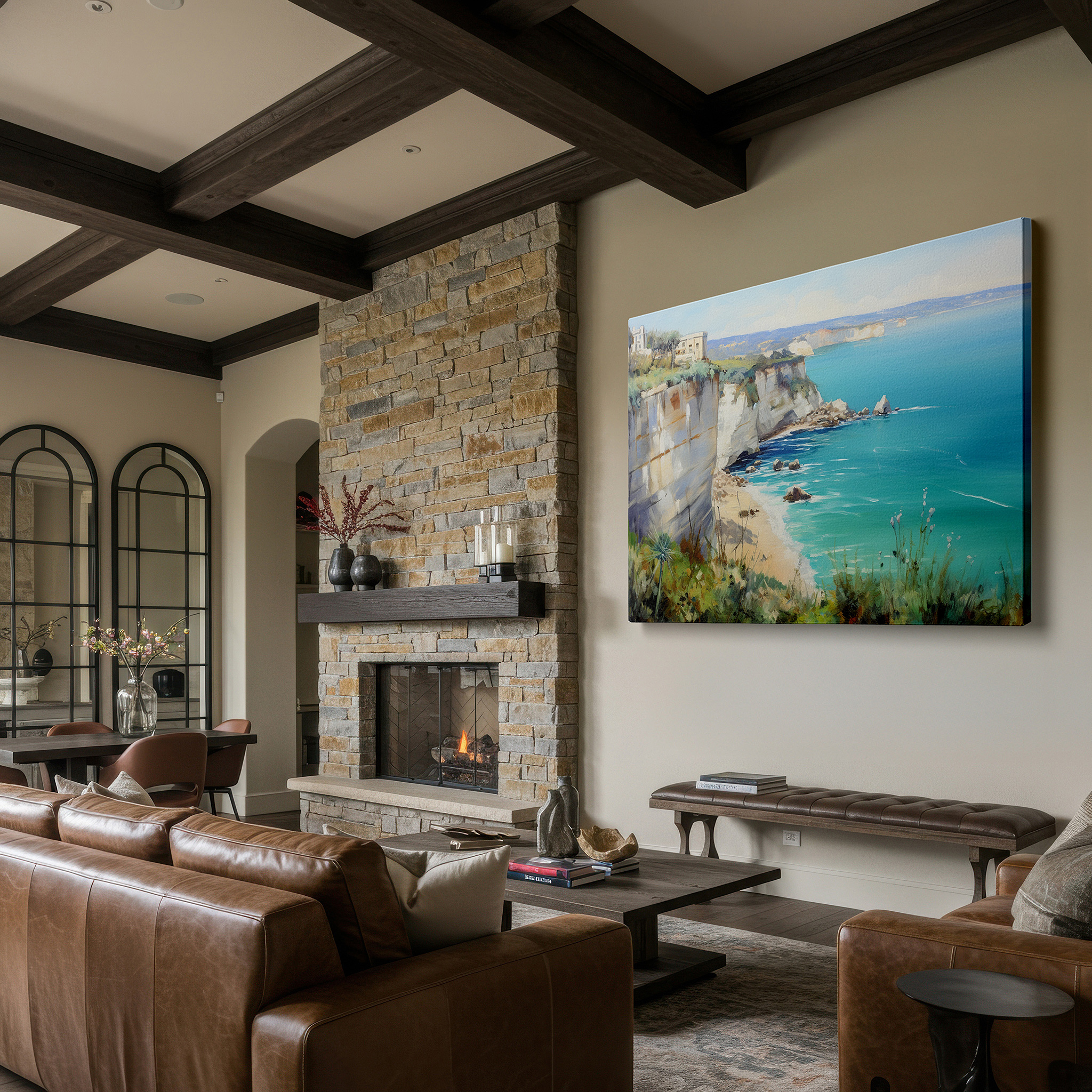 Gently illuminated by ambient lighting in an entryway — majestic cliffs and crystalline waters: a serene coastal escape - large wall art, canvas wall art, wall decor for office and bedroom