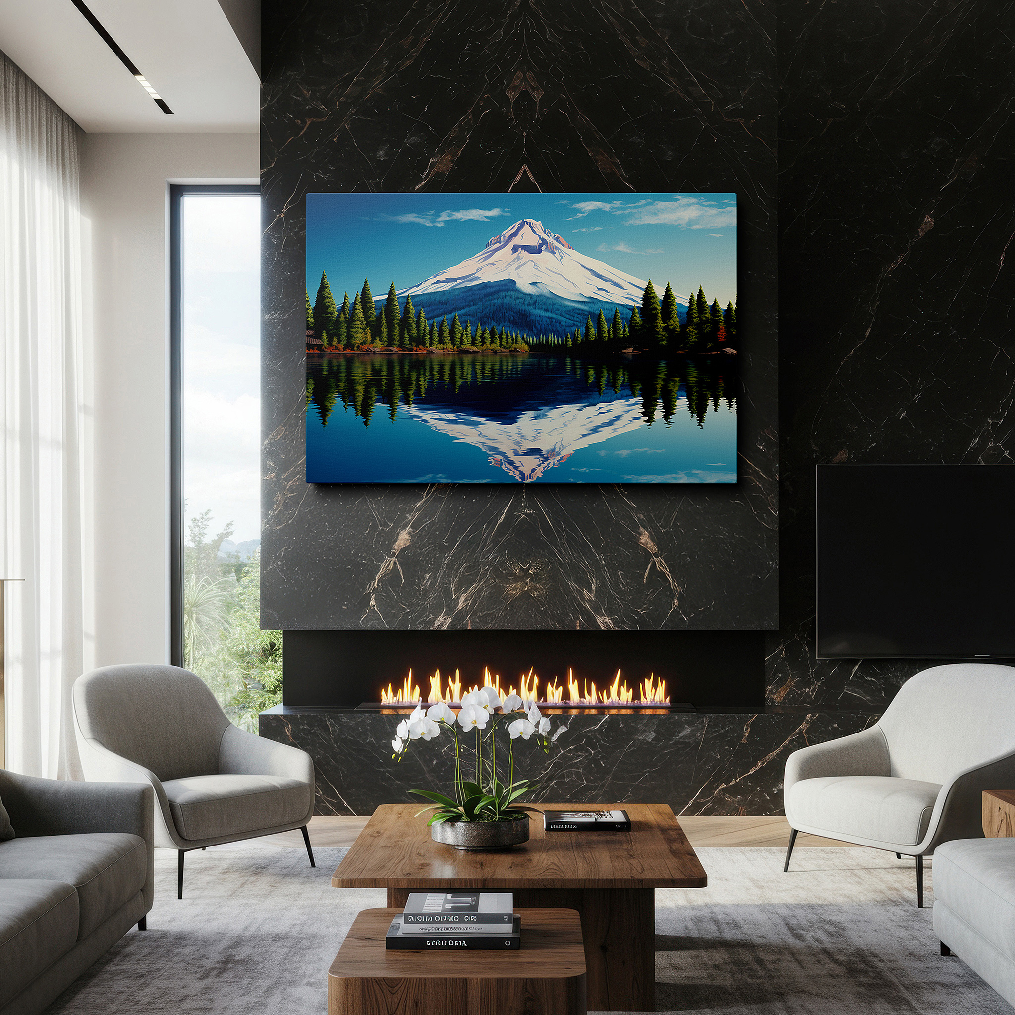 Gently illuminated by ambient lighting in an entryway — majestic mountain and serene lake reflections amidst lush pine forests: large canvas wall art for office and bedroom decor