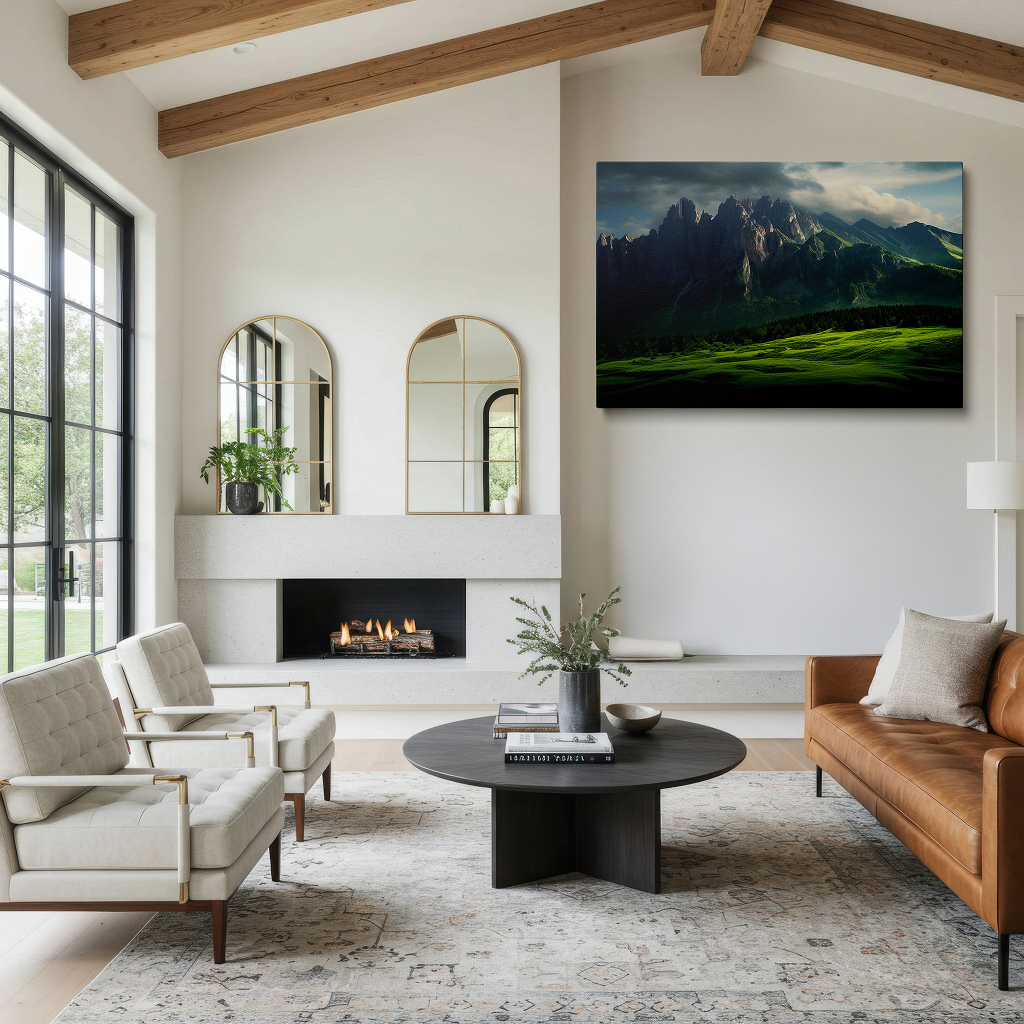 Gently illuminated by ambient lighting in an entryway — majestic mountains and peaceful hills beneath a dramatic sky: large canvas wall art for office, bedroom, and living room decor