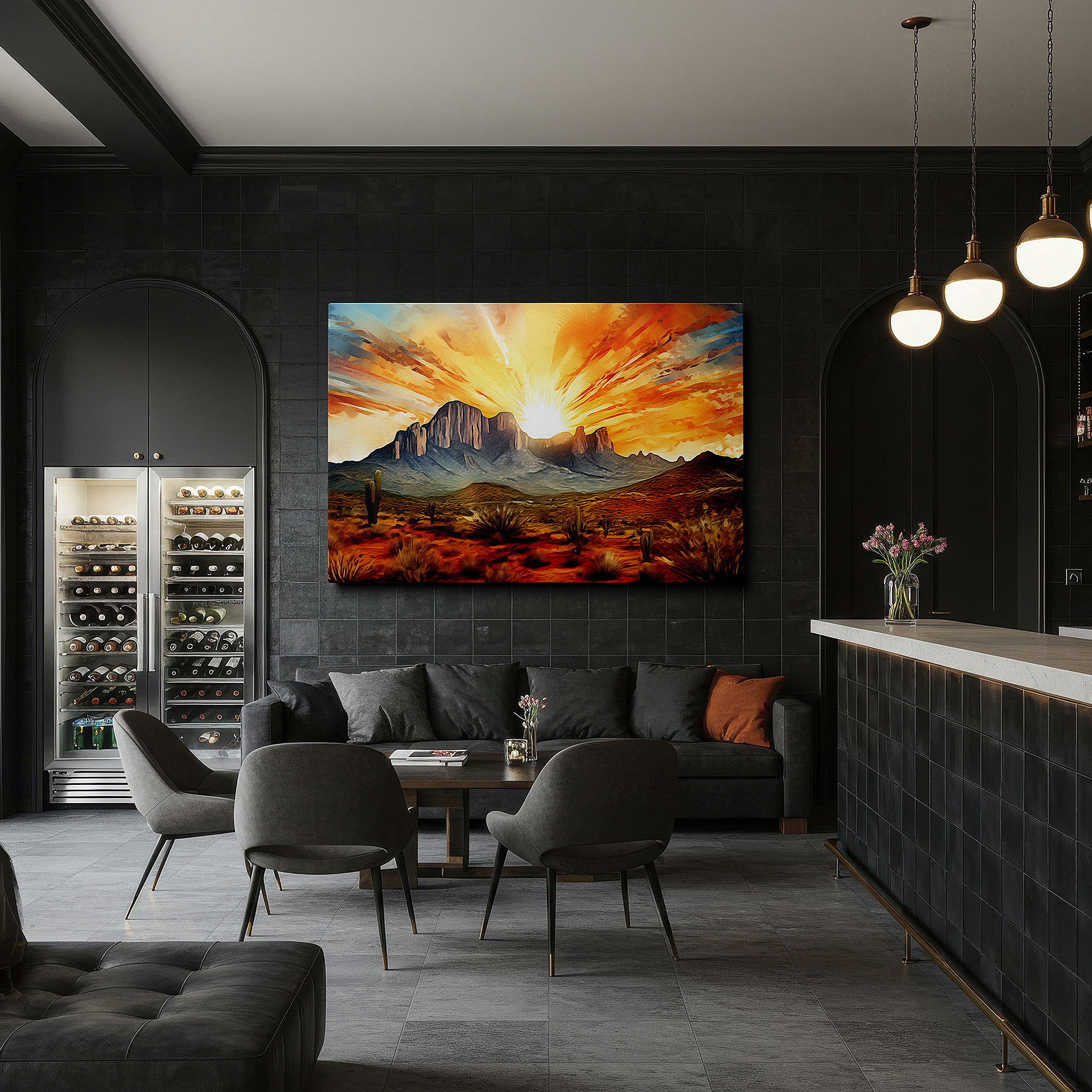 Gently illuminated by ambient lighting in an entryway — majestic mountains silhouetted against a vibrant sunset sky - large canvas wall art for office and bedroom decor