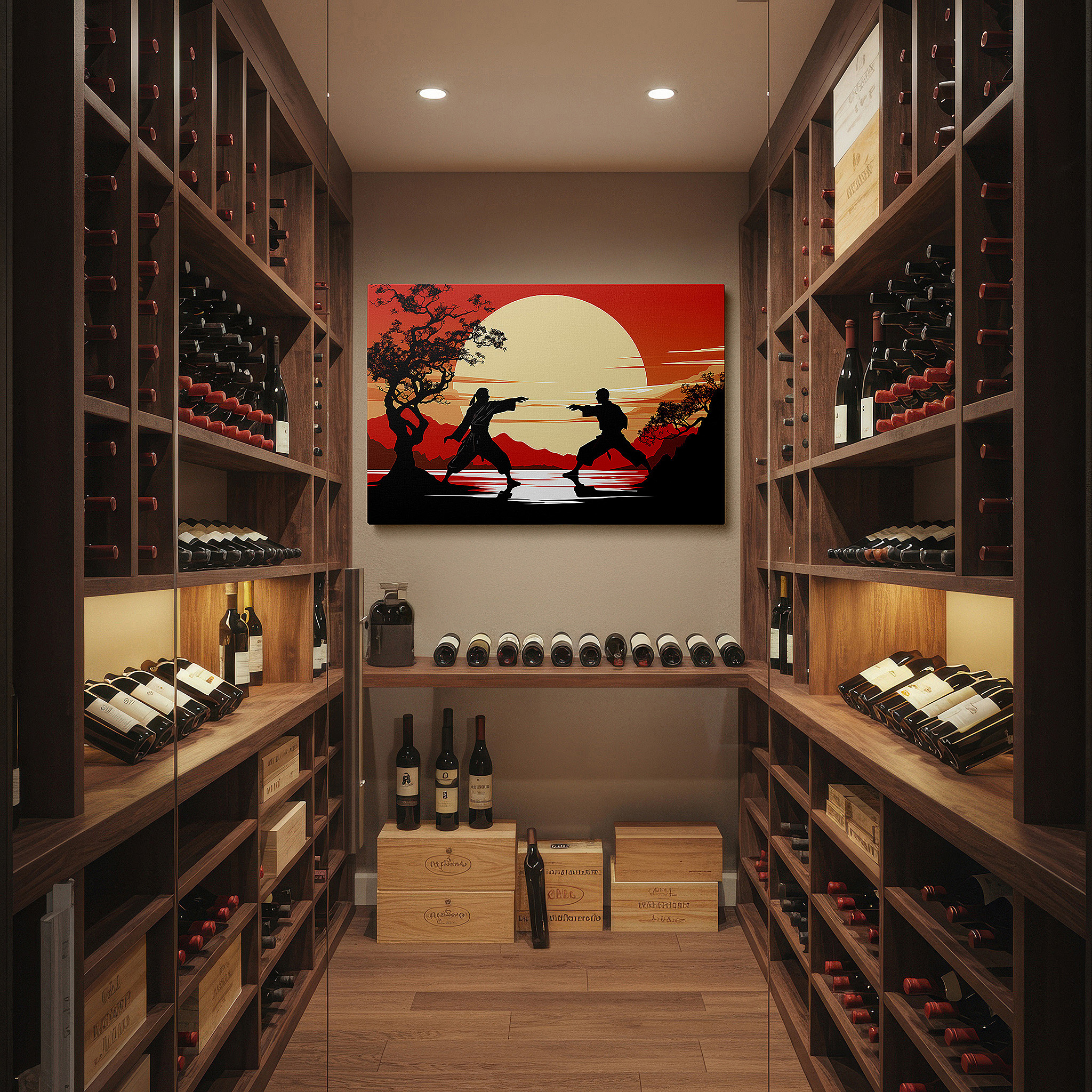 Gently illuminated by ambient lighting in an entryway — martial artists dueling at sunset - large canvas wall art, office decor