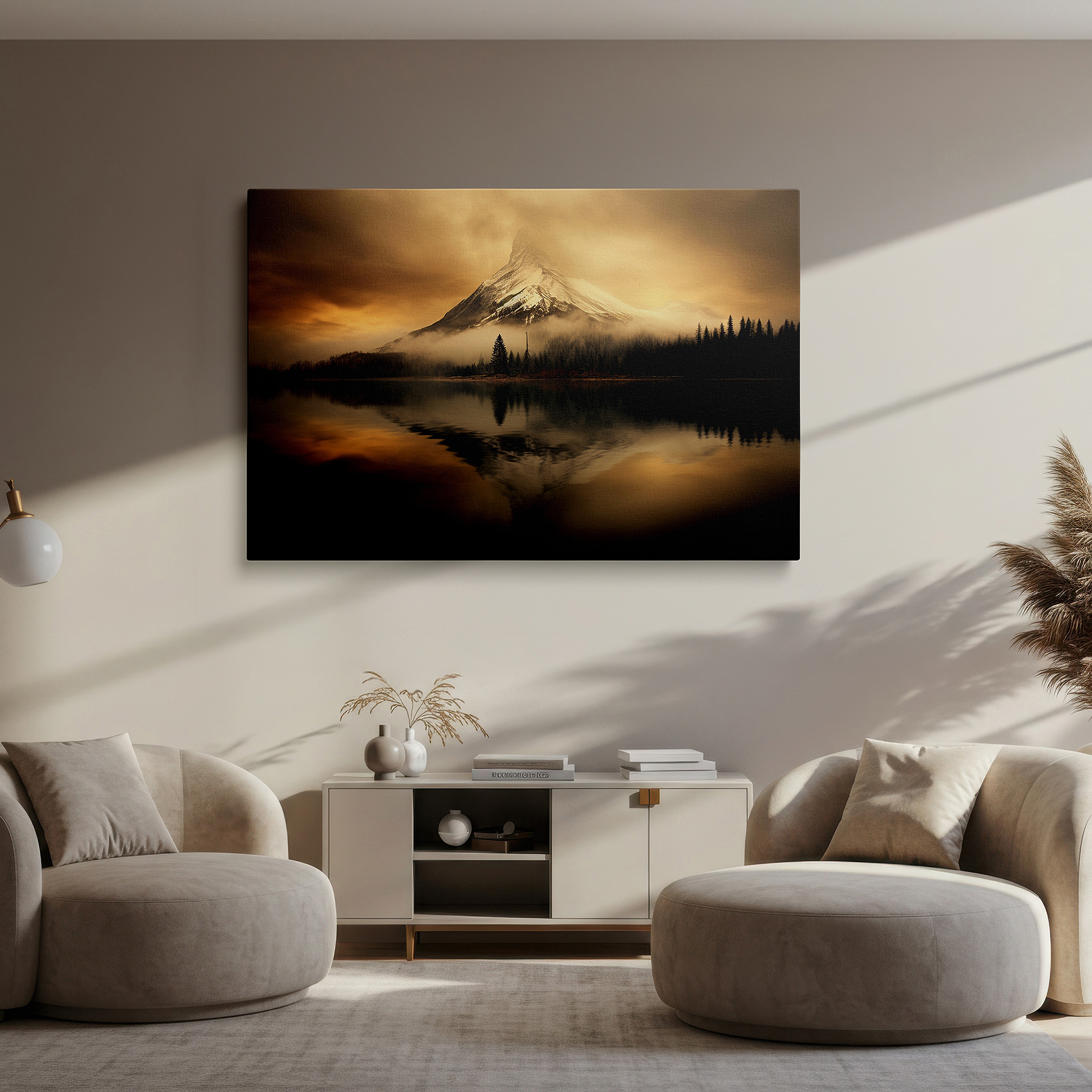 Gently illuminated by ambient lighting in an entryway — misty dawn light on majestic mountain peak reflects timeless tranquility - large canvas wall art for home and office decor