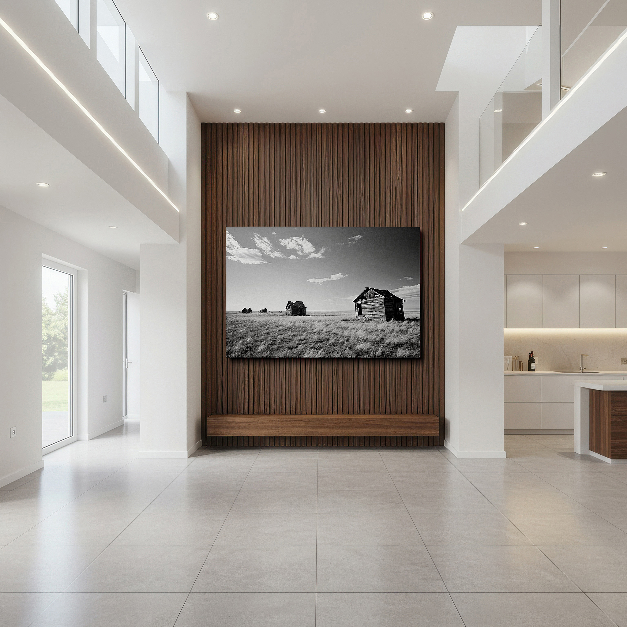 Gently illuminated by ambient lighting in an entryway — monochrome elegance: forgotten decay and time's reclamation - large landscape wall art, canvas decor for office