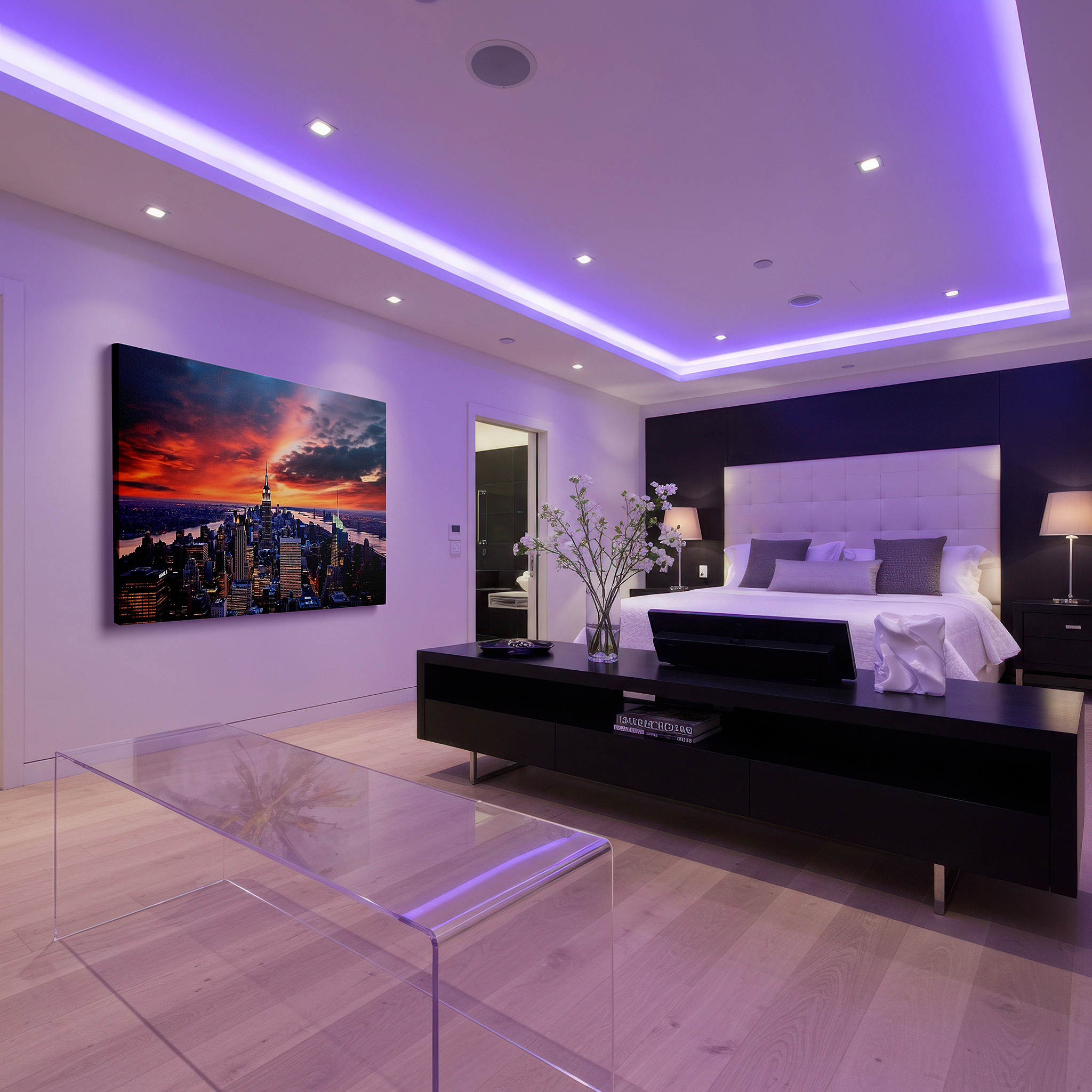 Gently illuminated by ambient lighting in an entryway — new york city at sunset: vibrant light and shadow dance across iconic skylines - large wall art, canvas wall art, wall decor for office