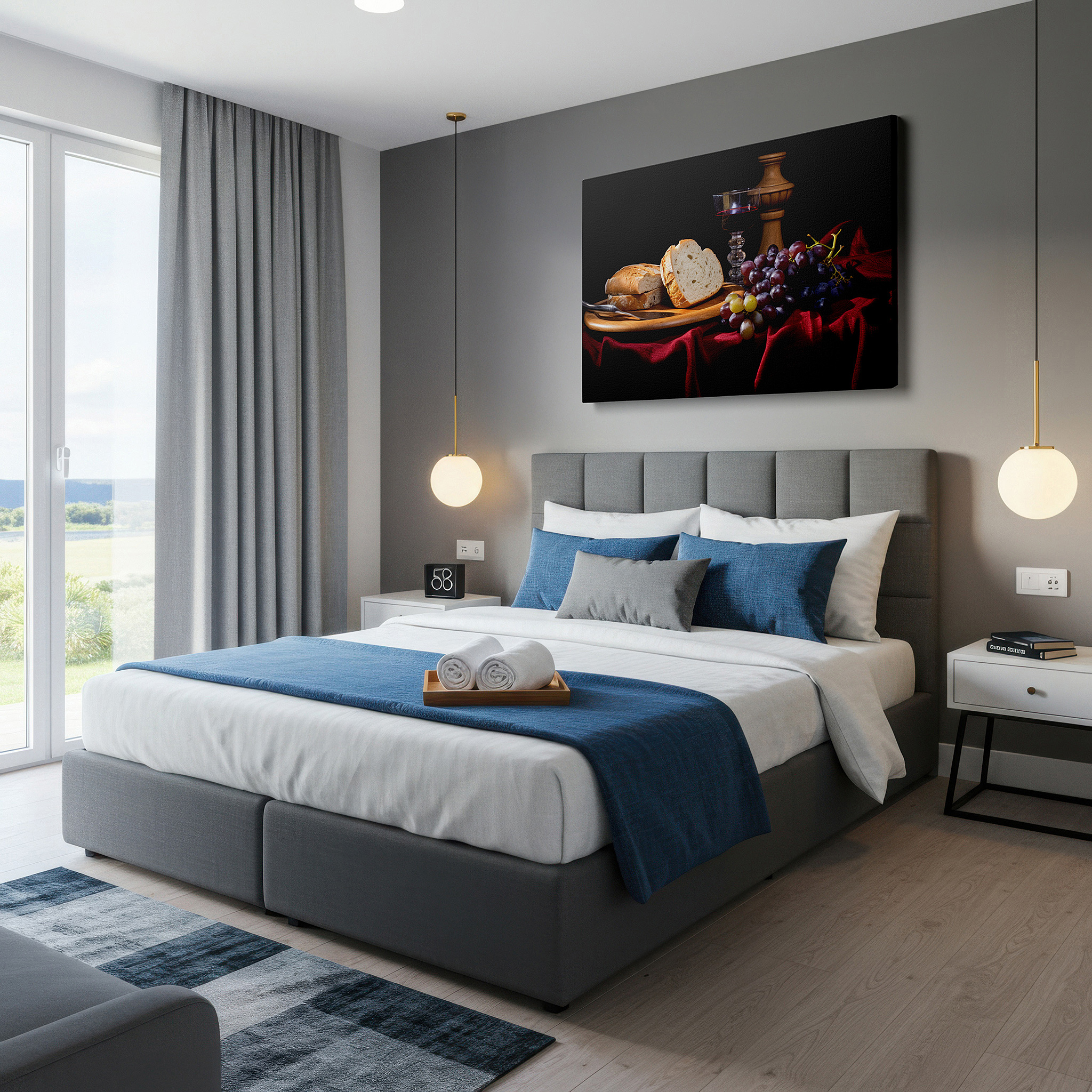 Gently illuminated by ambient lighting in an entryway — opulent still life featuring bread, grapes, and wine: a warm, indulgent large wall art for living spaces, canvas art, home and office decor