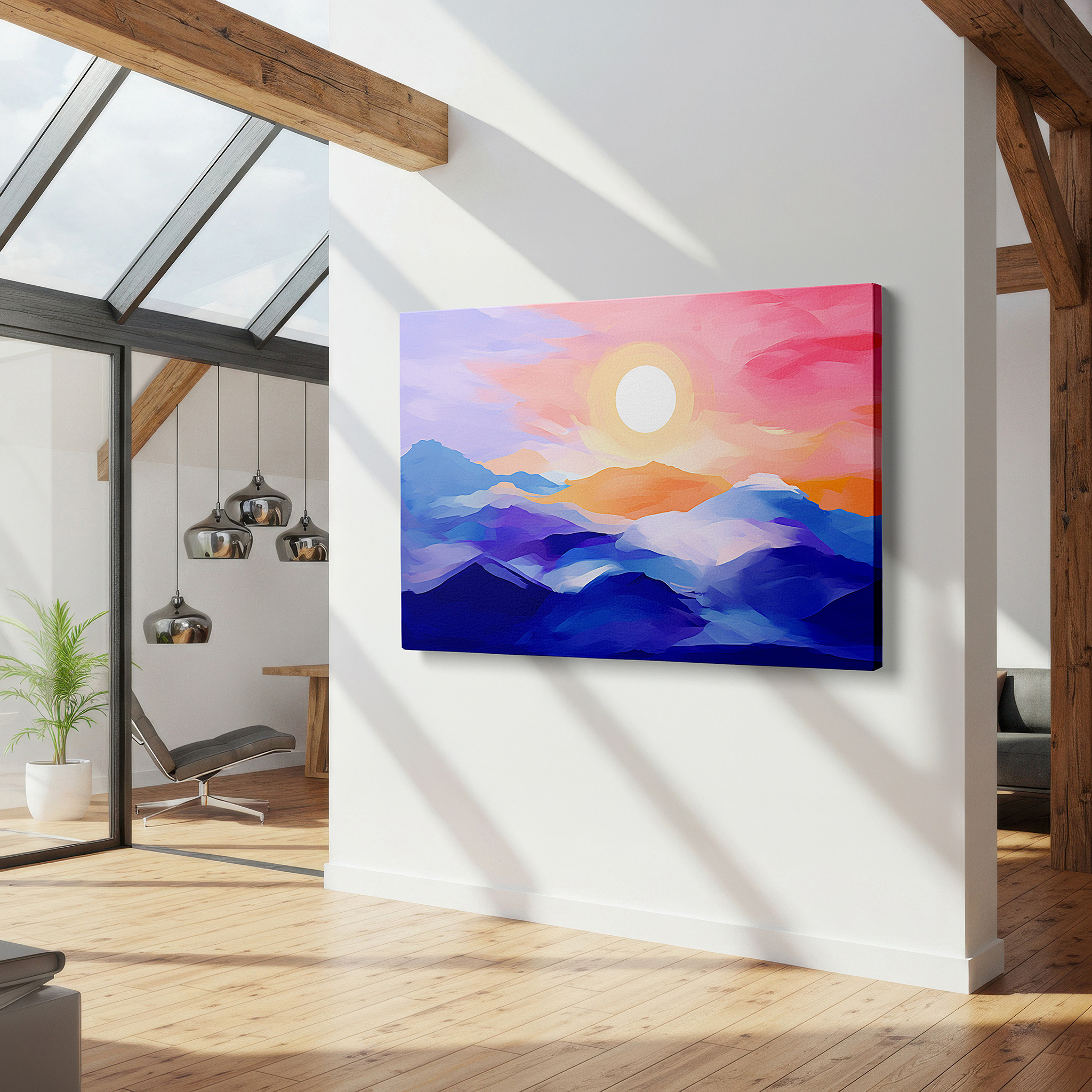 Gently illuminated by ambient lighting in an entryway — pastel-hued ethereal mountain sunset - tranquil abstract large wall art, canvas wall decor for office and bedroom