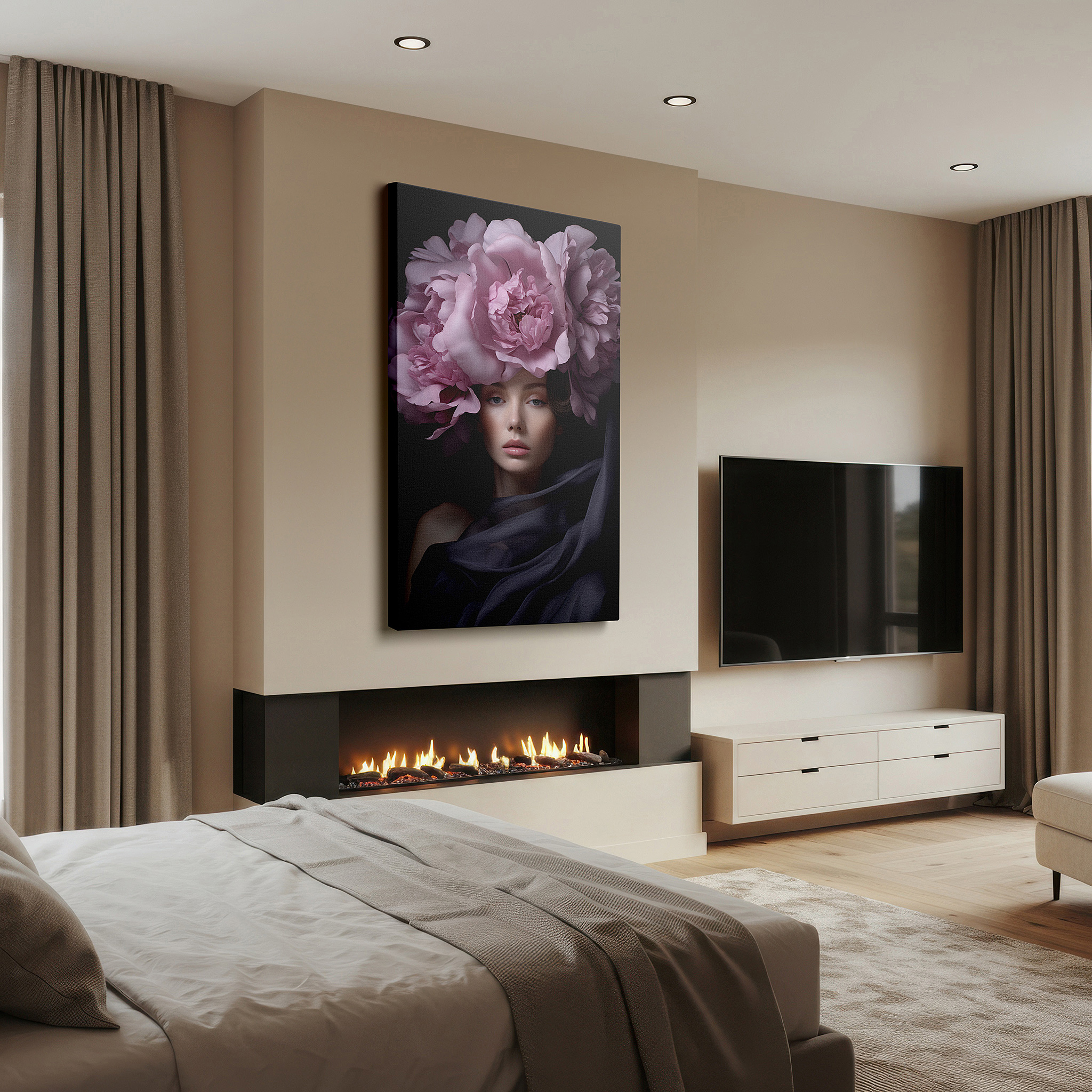 Gently illuminated by ambient lighting in an entryway — pink floral crown serenity: a portrait of feminine grace and elegance - large canvas wall art for home and office decor