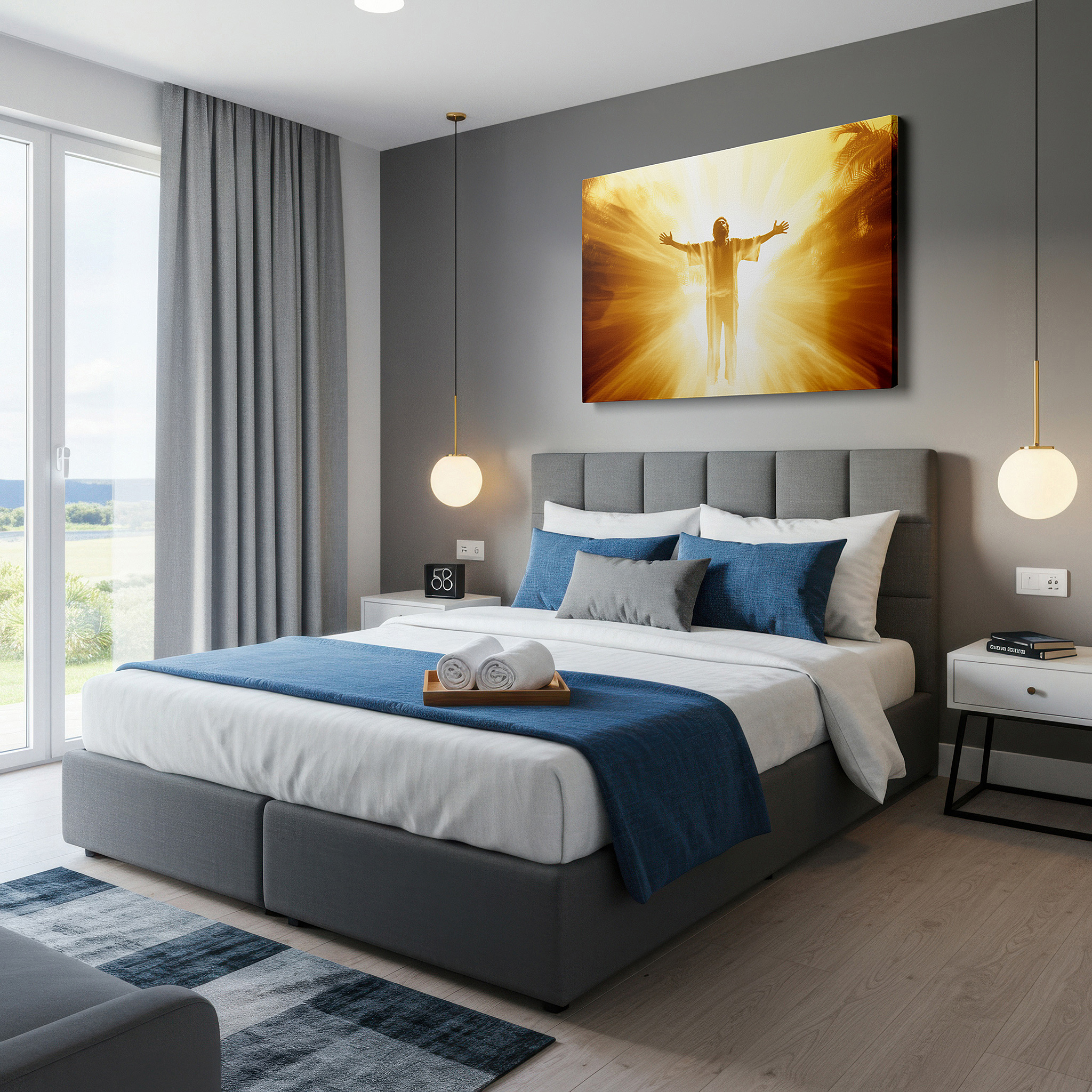 Gently illuminated by ambient lighting in an entryway — radiant figure in spiritual embrace: large canvas wall art featuring halo of light and shadows, ideal for office, living room, or bedroom decor