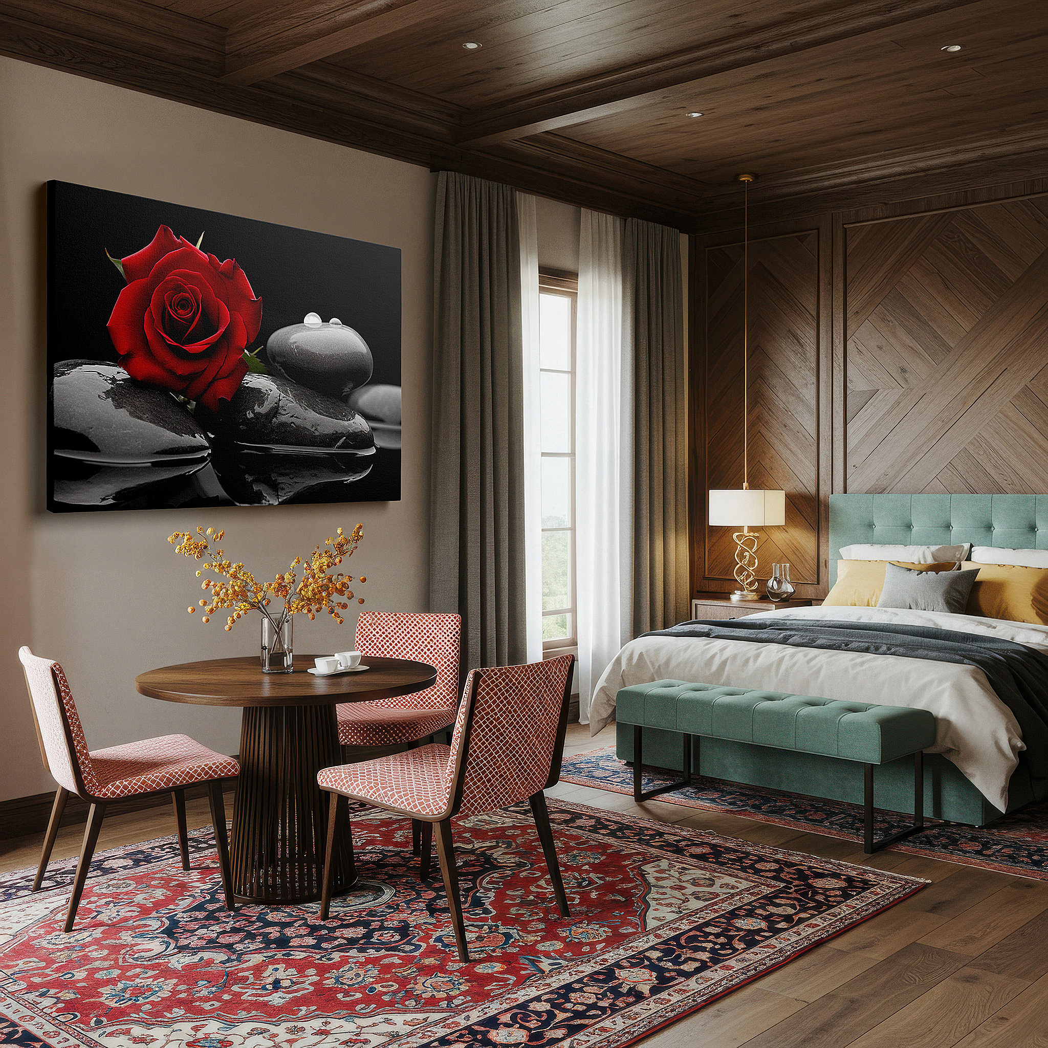 Gently illuminated by ambient lighting in an entryway — red rose on black stones wall art: a symphony of contrast and harmony - large canvas art for home and office decor, perfect for living room and bedroom