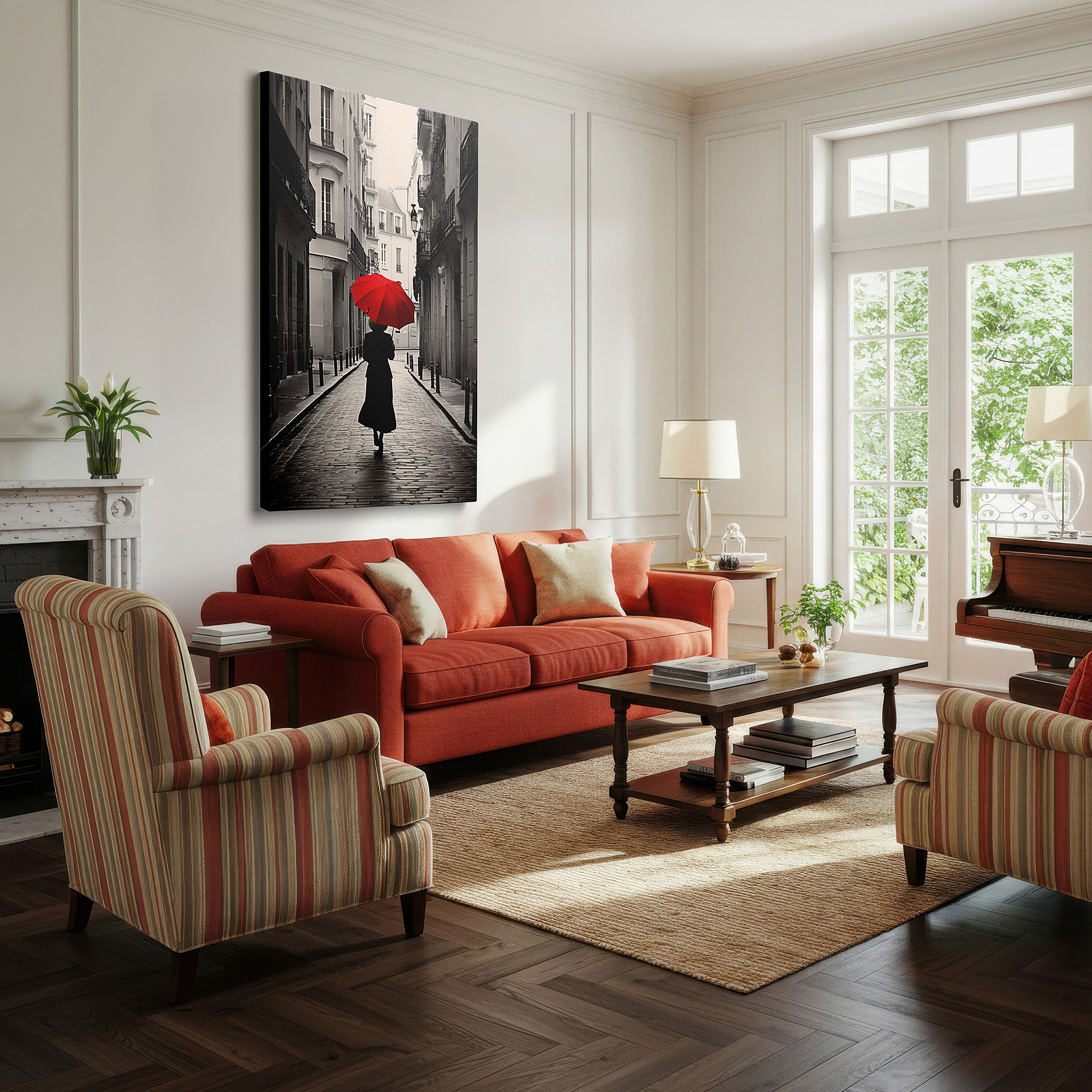 Gently illuminated by ambient lighting in an entryway — red umbrella on a parisian street large canvas wall art, ideal for office, bedroom, and living room decor