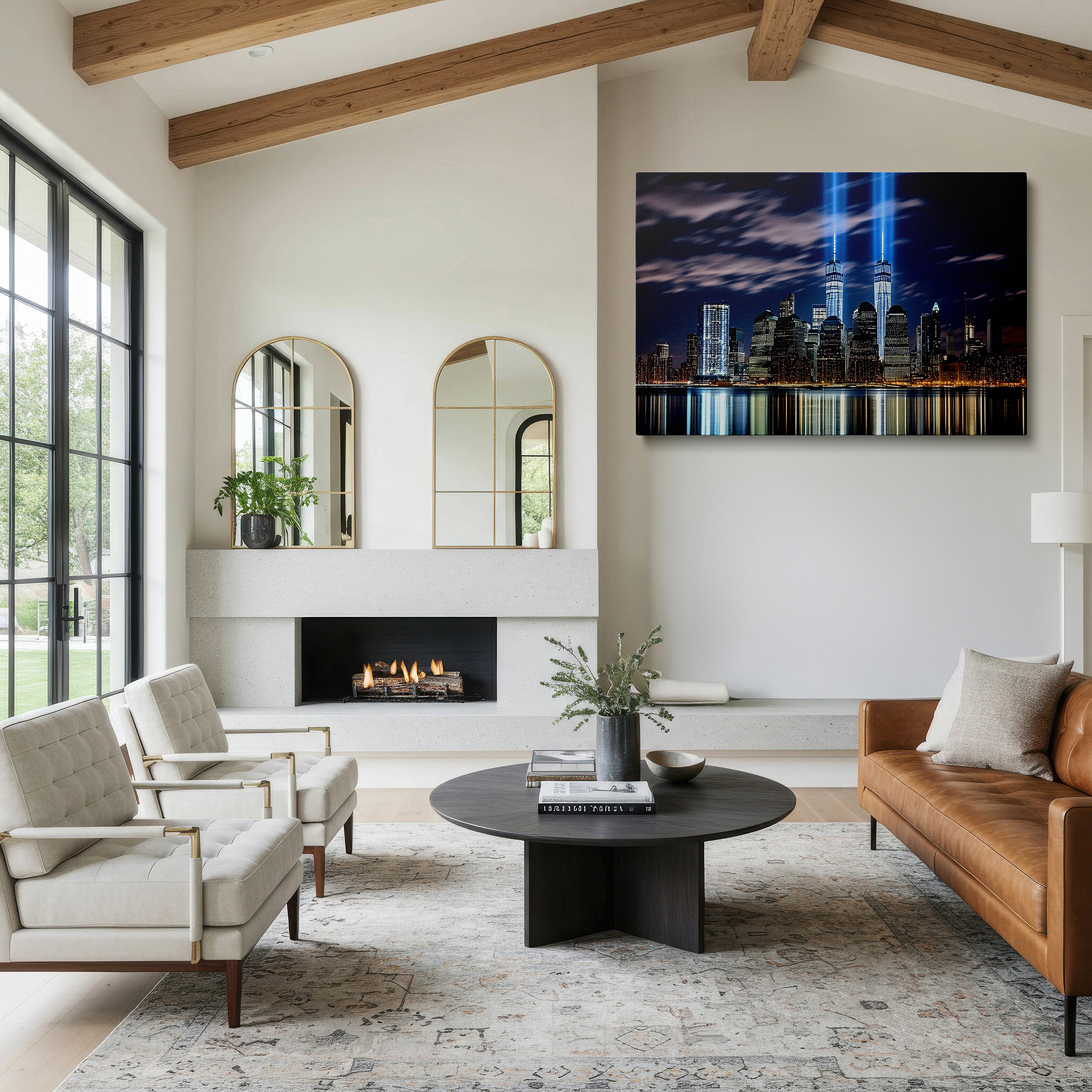 Gently illuminated by ambient lighting in an entryway — resilient twin towers and hopeful skyline large nighttime wall art, canvas decor for office and bedroom