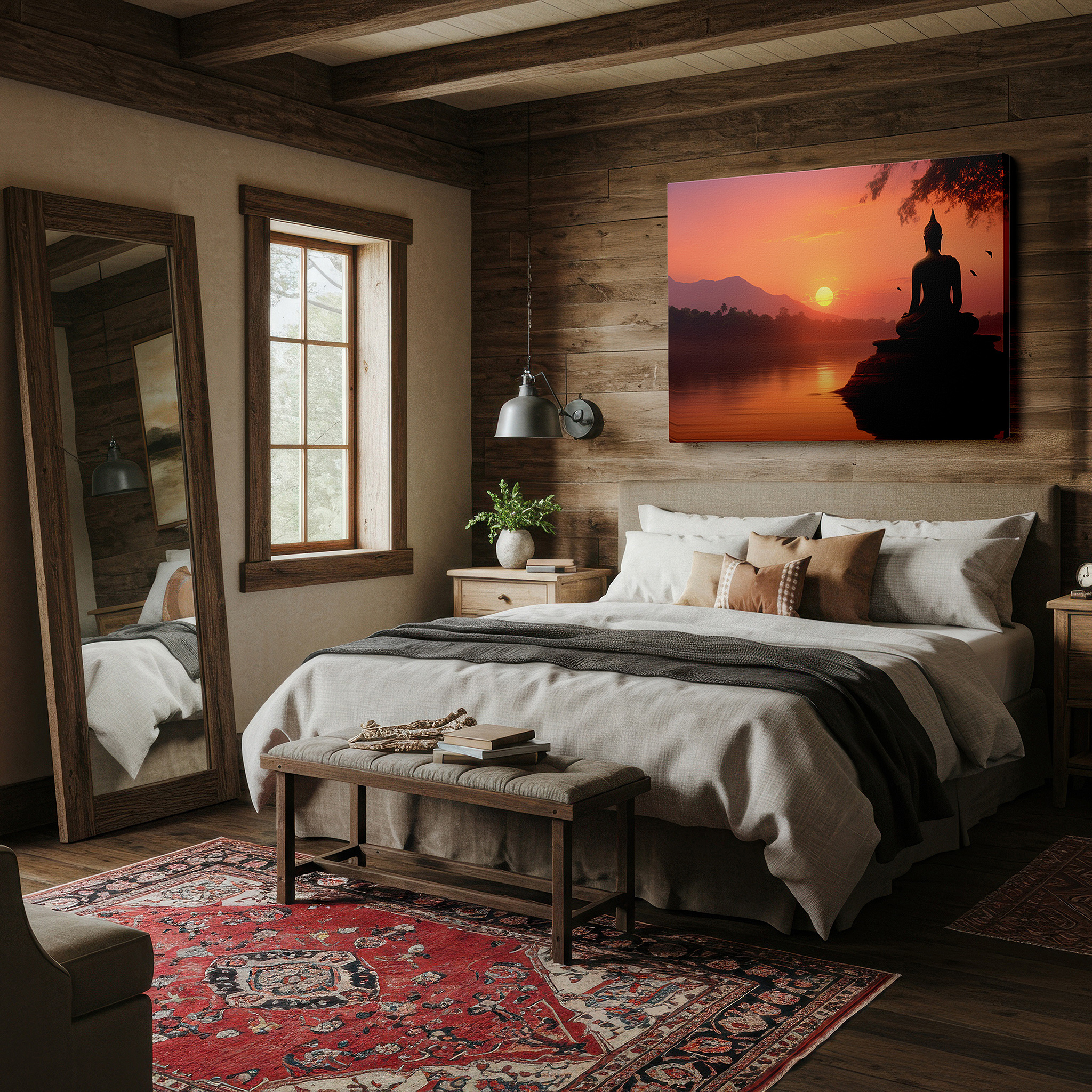 Gently illuminated by ambient lighting in an entryway — serene buddha silhouette against sunset large canvas wall art, inspiring peace and spiritual awakening in tranquil settings wall decor