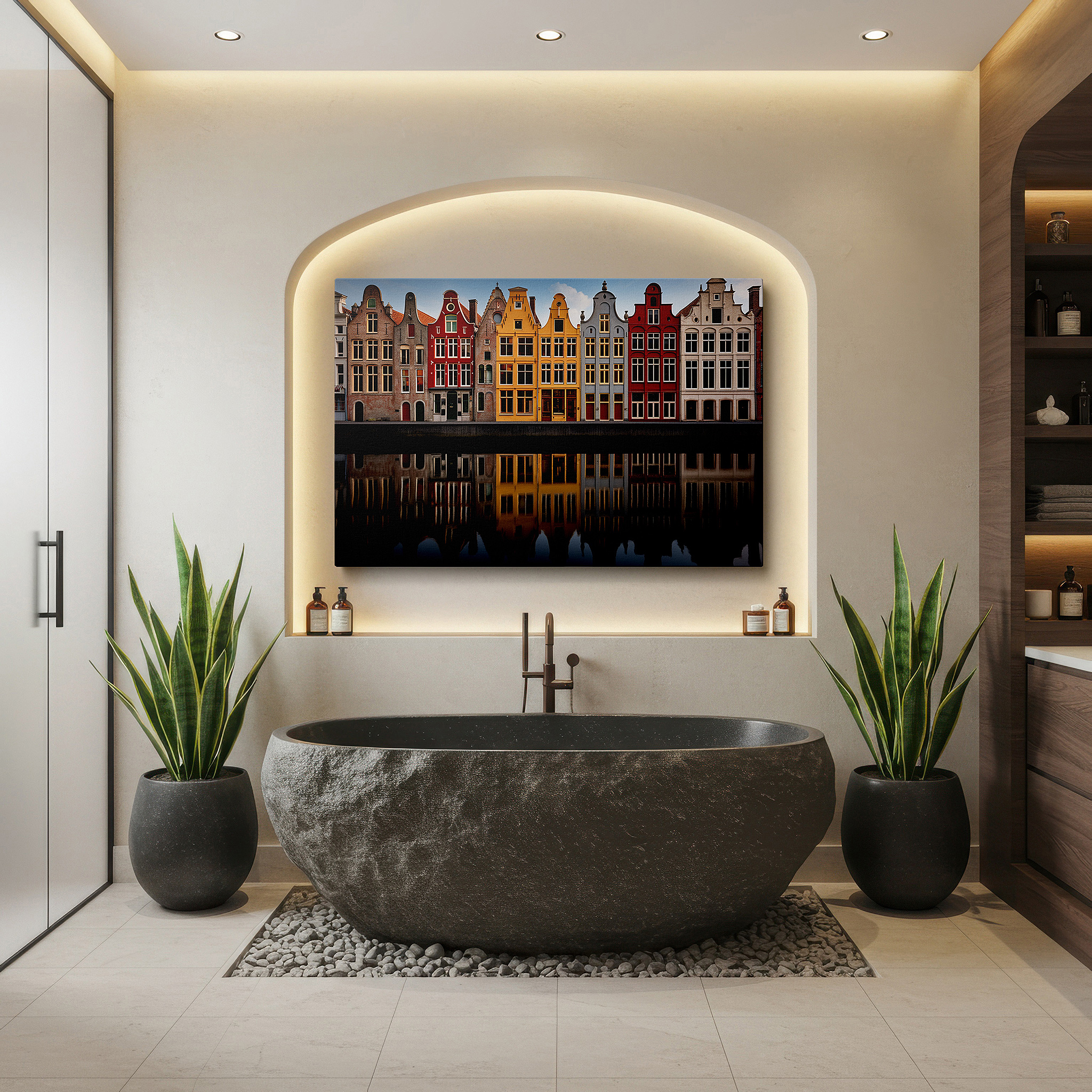 Gently illuminated by ambient lighting in an entryway — serene dutch townscape with vibrant gabled buildings reflected in tranquil waters - large canvas wall art for office decor